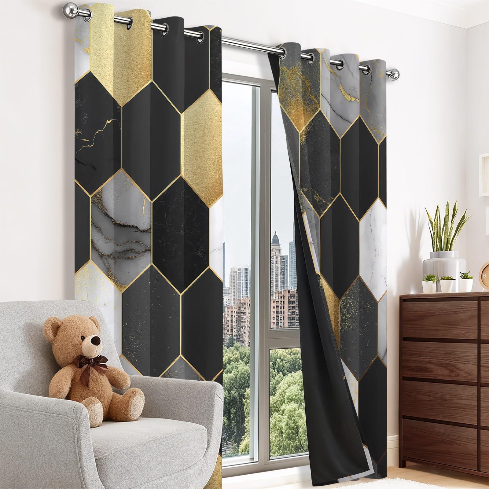 Nordique Abstrait Rideau Occultant, Géométrie Texture Marbrée Carrelage Rideaux, Thermique Isolant Polyester Rideaux à Oeillets, pour Chambre Cuisine Décoration 110 X 215 cm (LxH) (L x H), Lot de 2