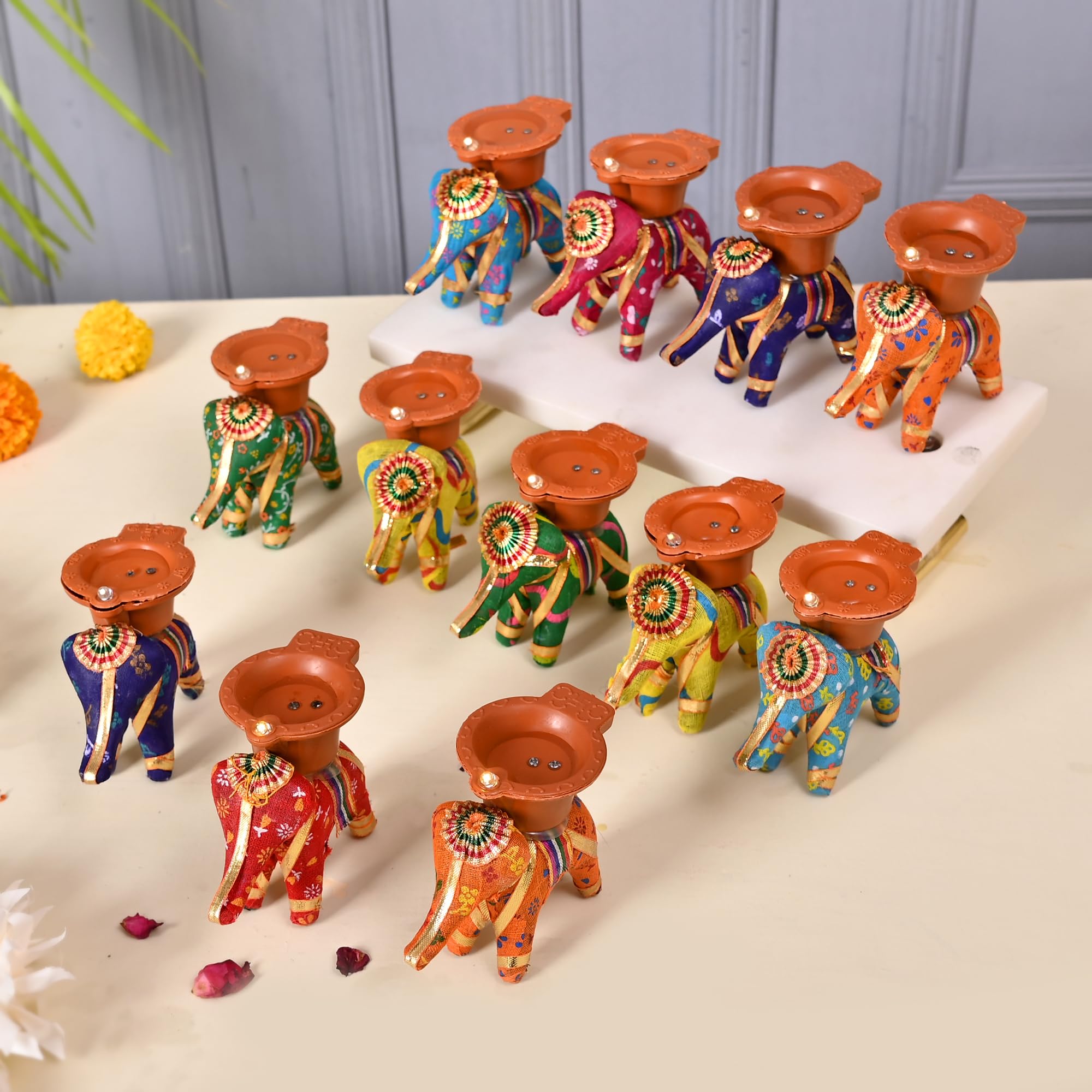 pride store elephant water sensor light diya, multicolour elephant candle holders for home decor, diwali, birthday, christmas (water sensor diya light pack of 12)