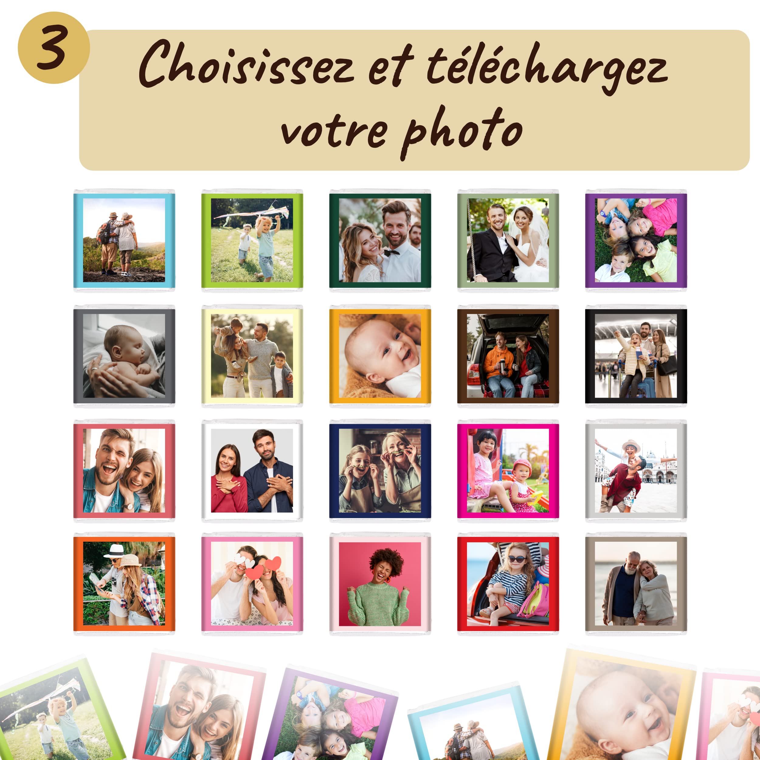 Coffret de 70 Carrés de Chocolat Personnalisés avec Photo et Textes | Personnalisez votre Texte et vos Couleurs, 7 Saveurs au Choix, 100% Pur Beurre de Cacao, Fabriqué en France, 350 Gr