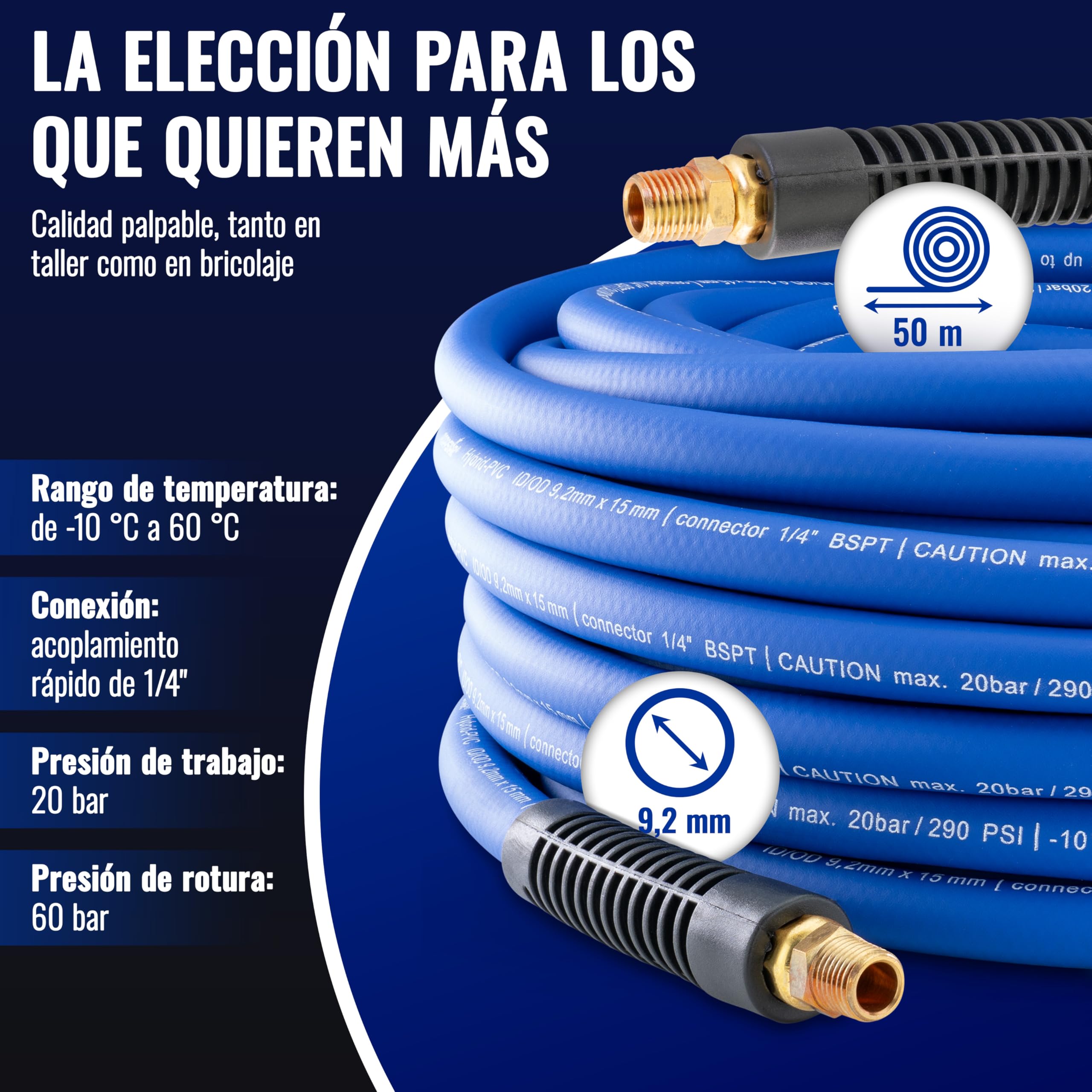 Poppstar Manguera para aire comprimido de PVC híbrido 50 m, diámetro interior 9,2 mm, boquilla de latón 1/4", 20 bar, azul
