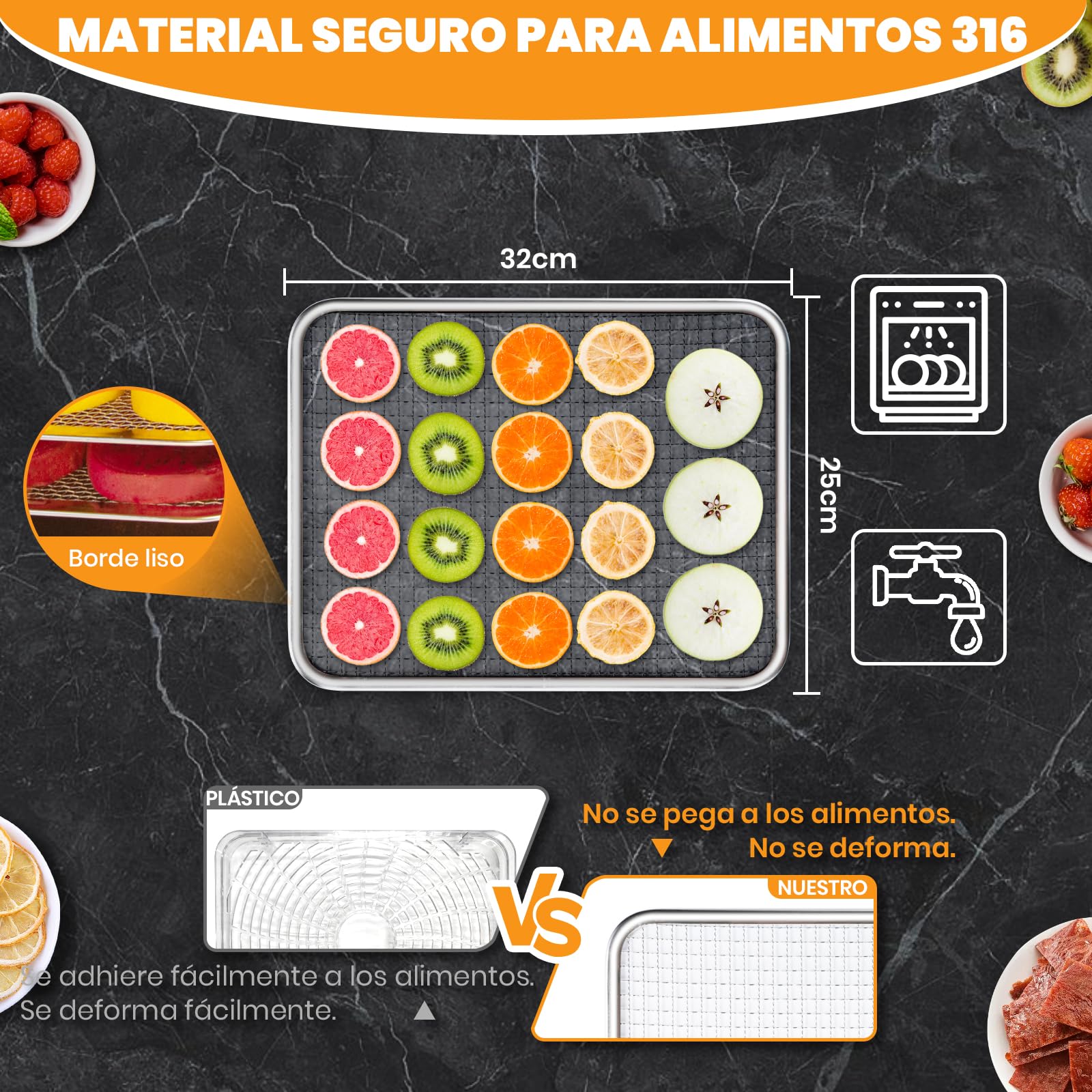 7 Bandejas Deshidratador De Alimentos, Acero Inoxidable, Área De Secado De 0,56 M², 30-90 ℃ & 800W Deshidratador De Alimentos Para Frutas, Verduras Y Carne, Y 7 Bandejas (32 X 25 Cm)