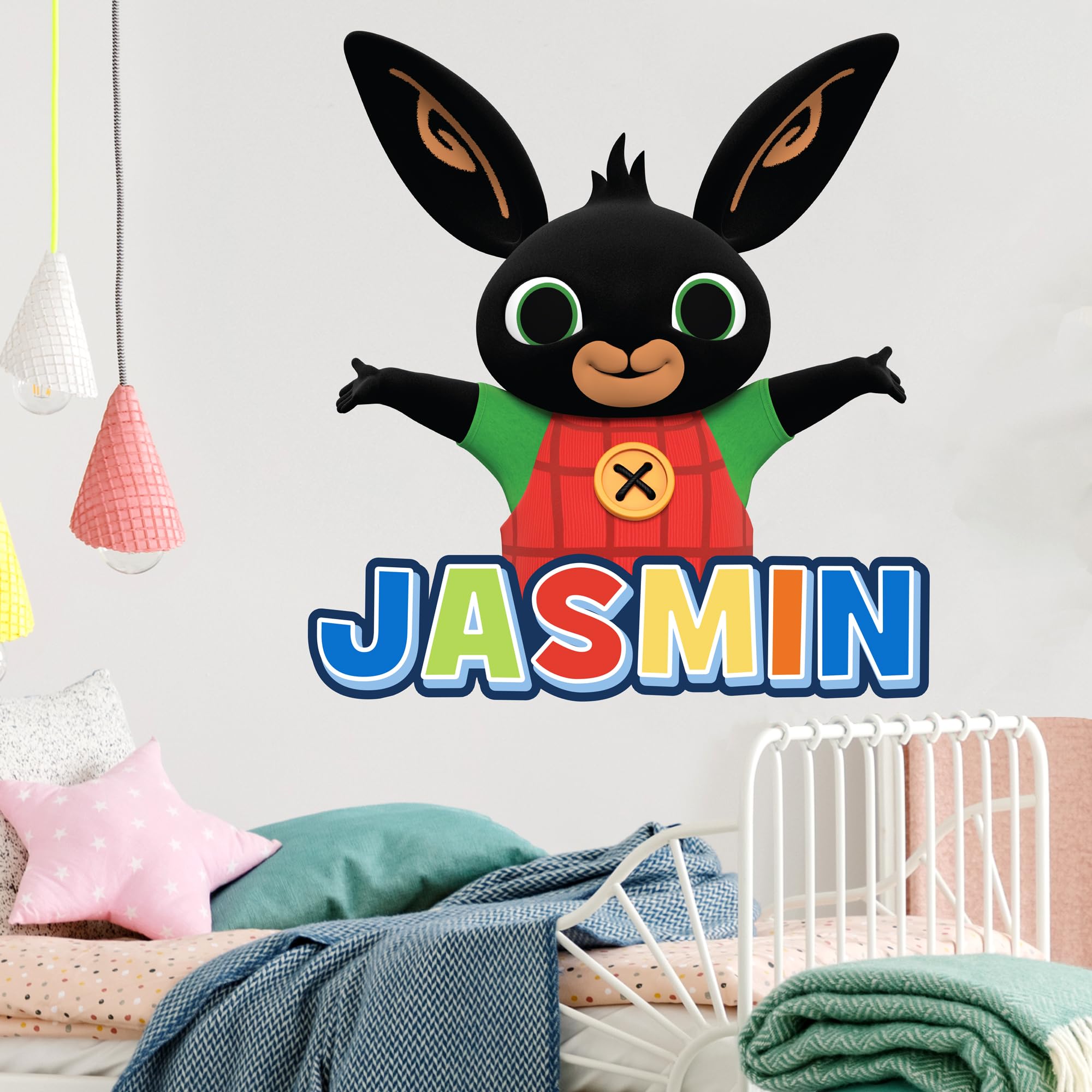 Themed Black Bing Wall Sticker - Bing Bunny And Colourful Personalised Name Wall Decal Kids Art (60Cm Height X 55Cm Width)