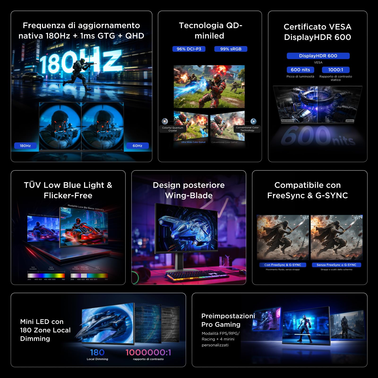 TCL 27G64 Gaming Monitor LED QD Mini da 27 polliciitem namerisoluzione QHD,180 Hz,parnello Fast HVA,HDR 600 nit, tempo dirisposta GTG di 1ms, compatibilità AMD Freesymc, G-Sync