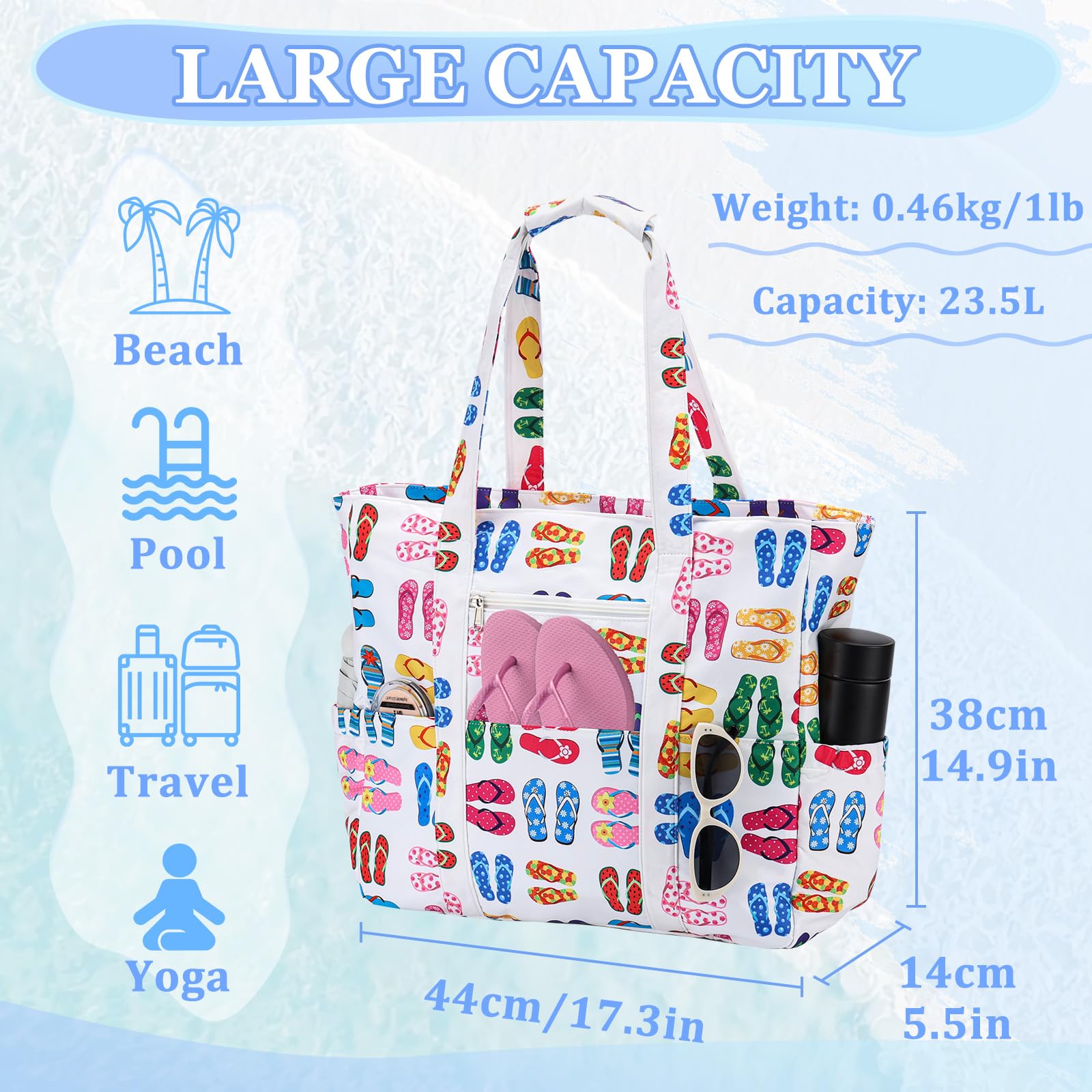 RAVUO Bolso Playa Grande XXL Familiar, Impermeable Bolso Playa Mujer con Cremallera Ligero Bolso Shopper Bolso Tote Bag para Natación, Deporte y Viajes