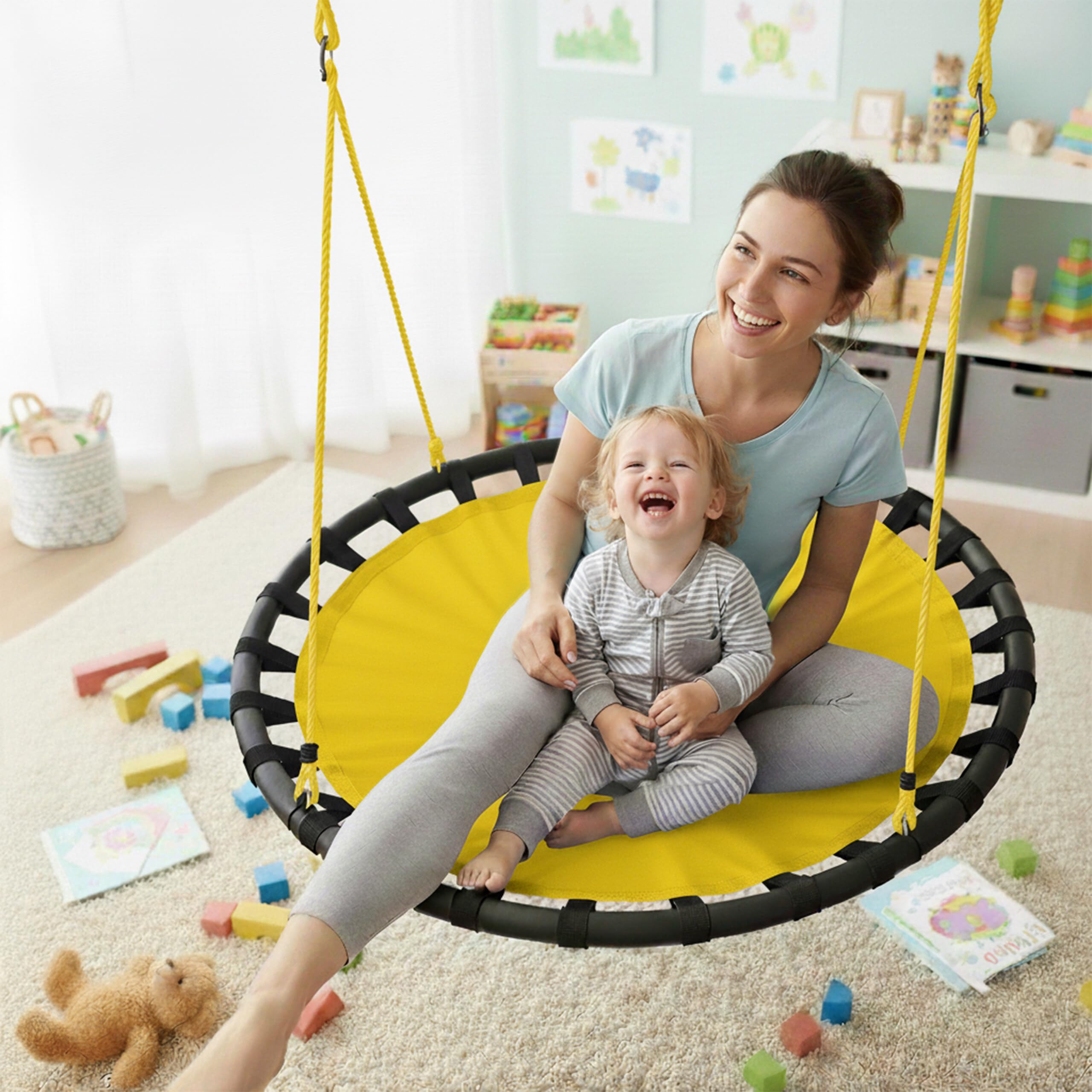 Relaxdays Altalena da Giardino a Nido, per Bambini e Adulti, Regolabile, Ø 120 cm, Portata Max. 100 kg, Gialla