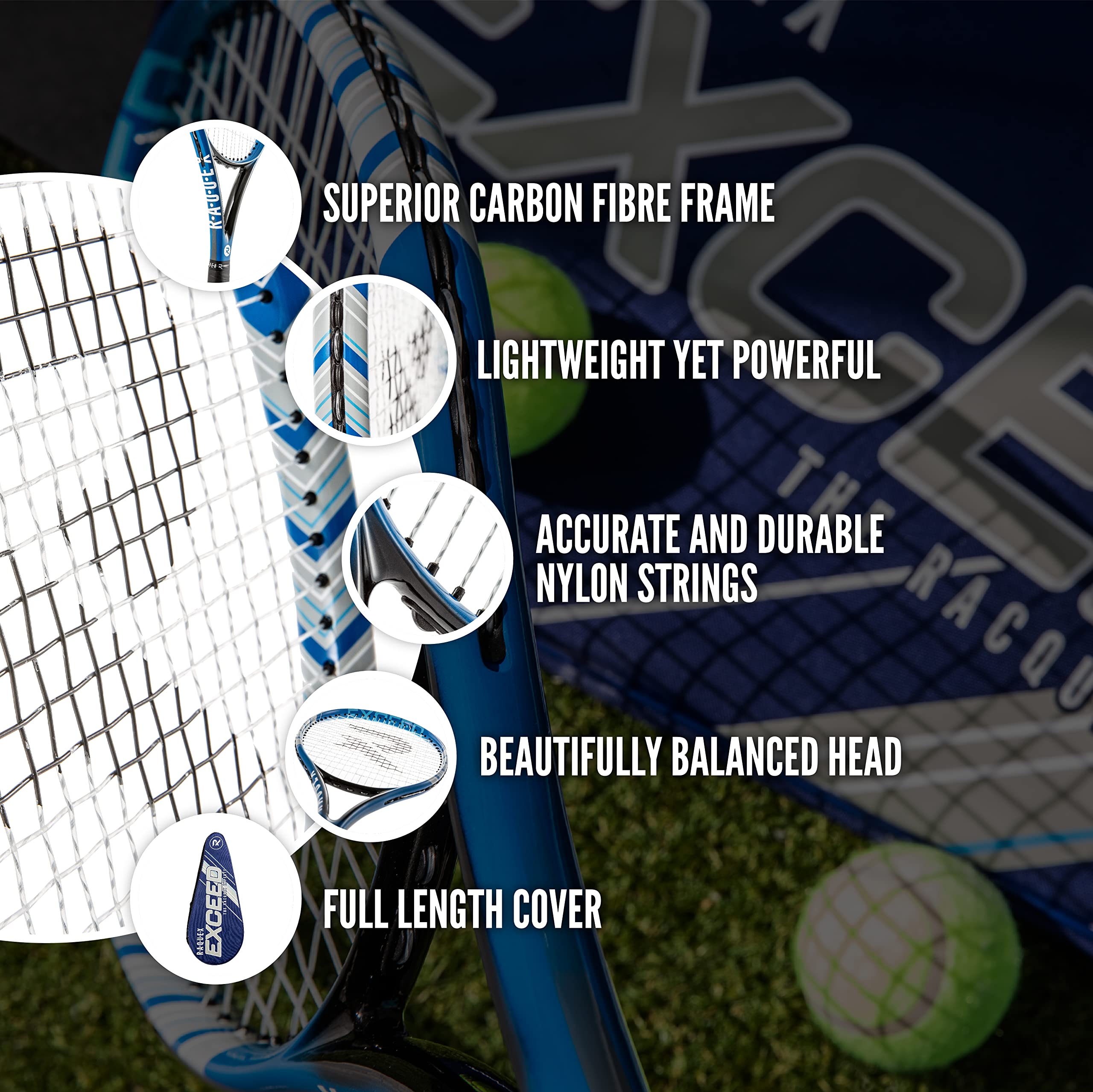 Raquex Raqueta de tenis Exceed Raqueta de tenis de fibra de carbono con funda de longitud completabolsa Raqueta de tenis para adultos intermedia a principiante para hombres y mujeres Regalo
