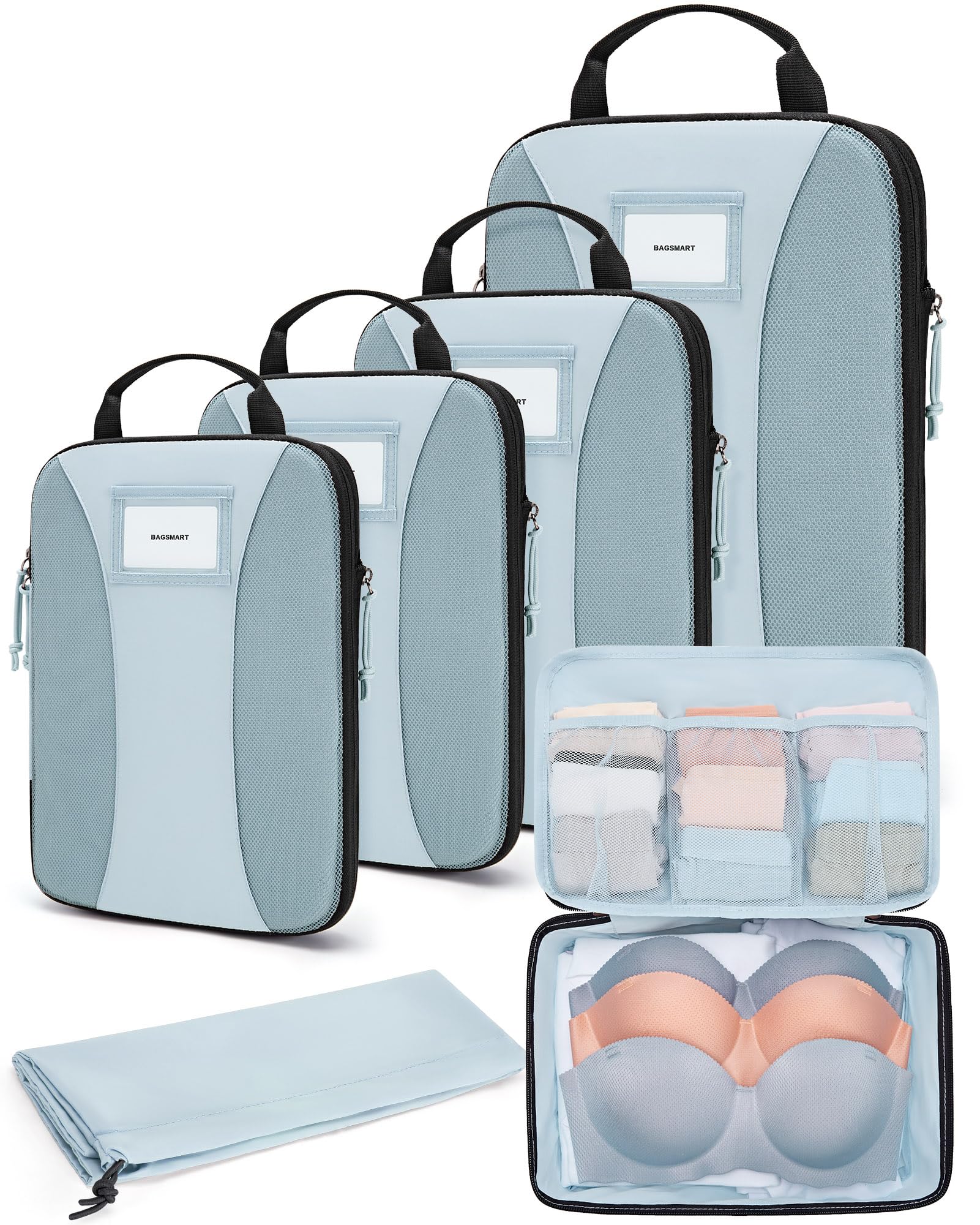 BAGSMART Compression Packing Cubes, 6 PCS Packing Cubes for Suitcases, Travel Bags Organizer for Luggage, Lightweight Packing Cubes for Travel Essentials, Light Blue