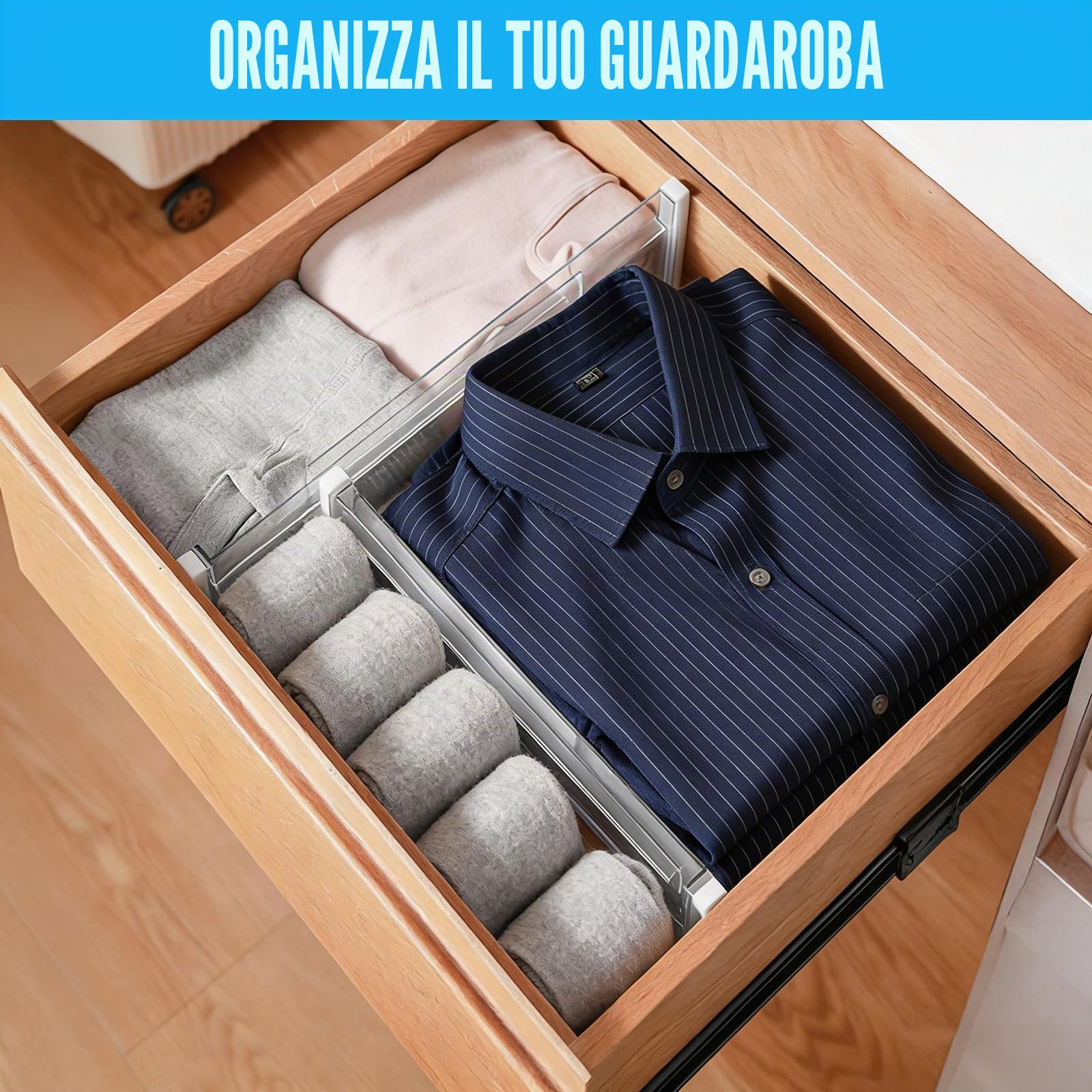 8 Pezzi Divisori per Cassetti Regolabili, Cassetti in Trasparente Separatori, Regolabile Da 28,7 a 50,5 cm, Divisori per Cassetti in Plastica per Bagno,Comò, Cucina O Trucco Conservazione