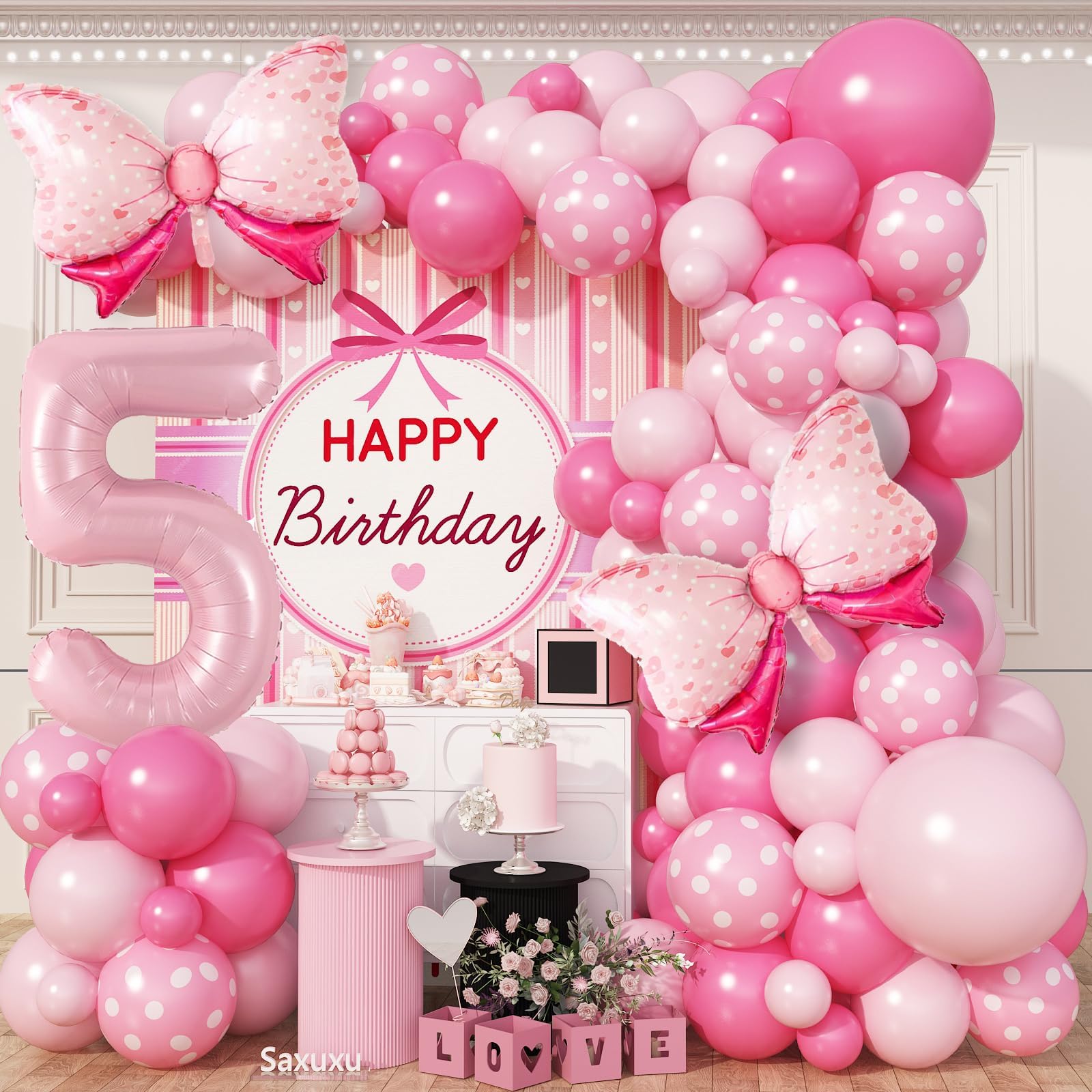 Light Pink Balloon Garland Arch Kit with Baby Pink 40 Inch Number 5 Balloon and Bow Foil Balloon, 5th Birthday Decorations for Girl Princess 5 Year