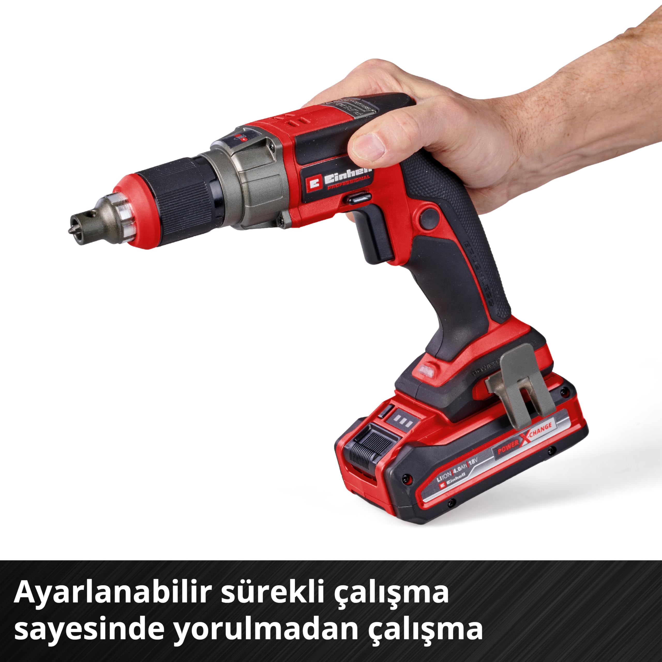 Einhell Profesjonalna wkrętarka akumulatorowa do płyt kartonowo-gipsowych TP-DY 18 Li BL + wkład Power X-Change (18 V, silnik bezwęglowy, ogranicznik głębokości, z wkładem, 2 bity, E-Case, bez
