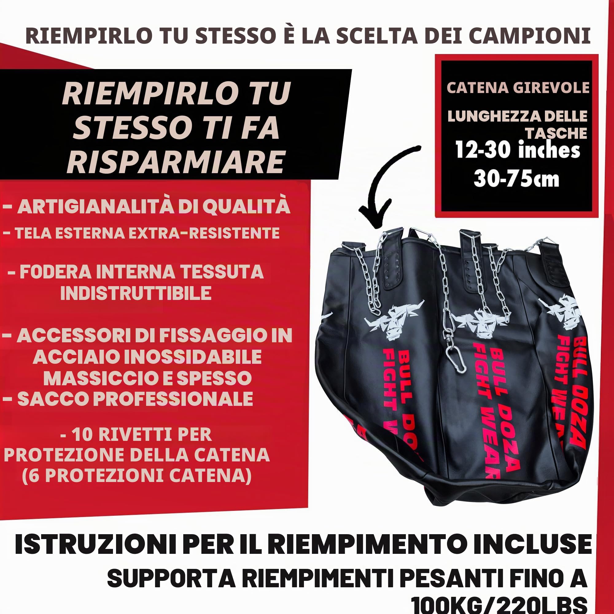 Sacco da boxe a forma di proiettile, enorme, con riempimento automatico, capacità di riempimento di 100 kg, resistente, con catene girevoli in acciaio inox, sacco da boxe più aggressivo Bull Doza
