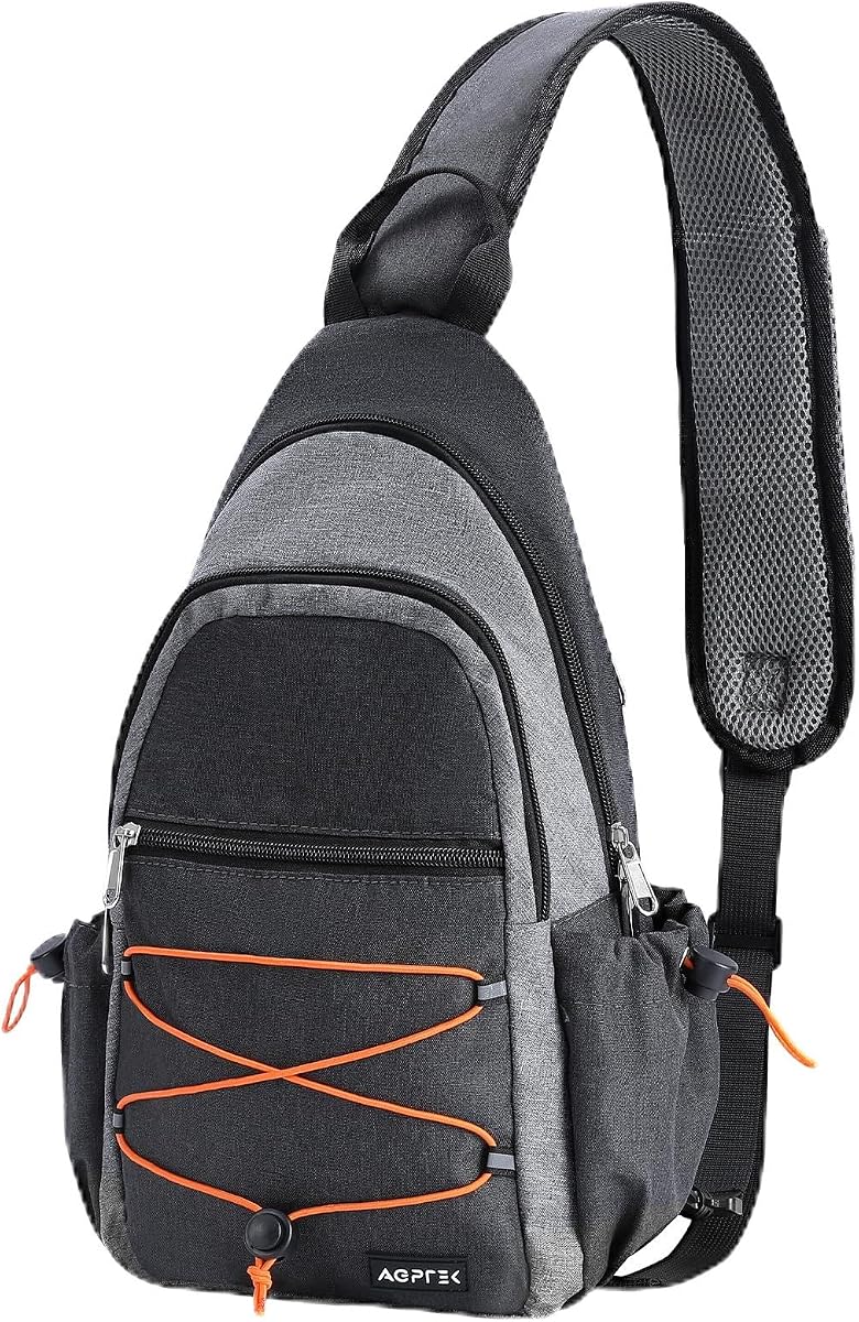 Sling Bag for Men Women, RFID Crossbody Daypack with Water Bottle Holder, Large Capacity EDC Chest Bag for Travel Day Trip Hiking Gym Cycling, Grey