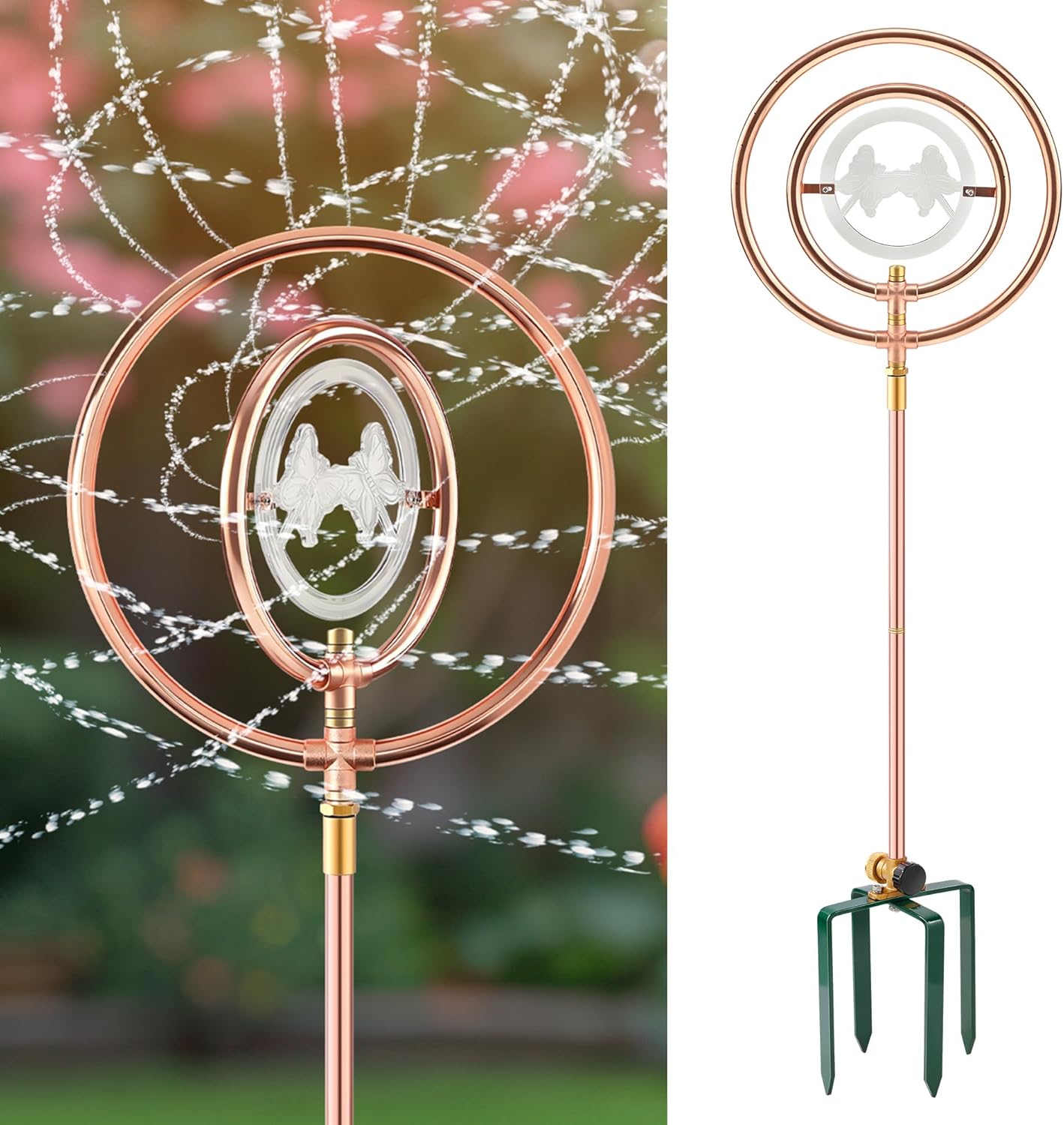 34" H Copper Coated Stainless Steel Ornamental Sprinkler, Corrosion Resistant Garden Rotating Sprinkler 360 Degree Shape Decorative for Lawn Garden Landscape(Double Ring Clear Butterfly)