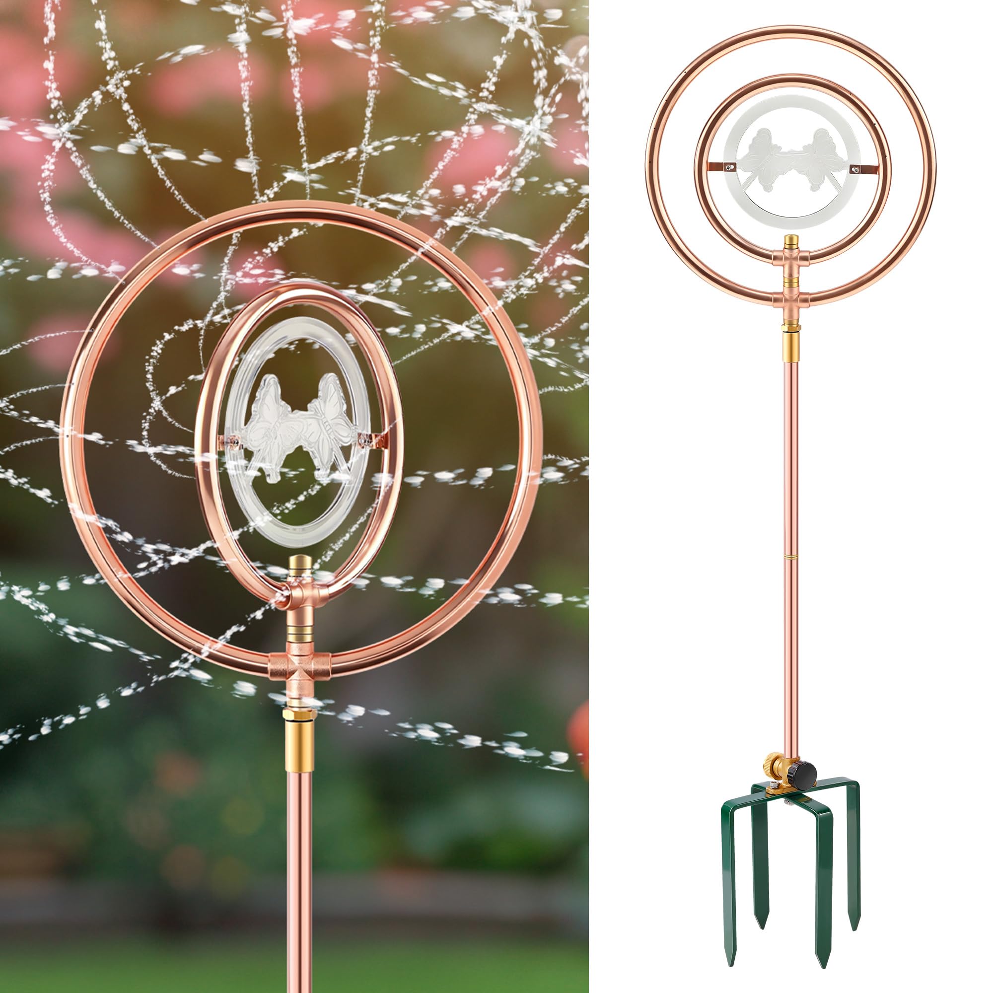 Arroseur de jardin anti-corrosion rotatif 360° en acier et cuivre au design papillon