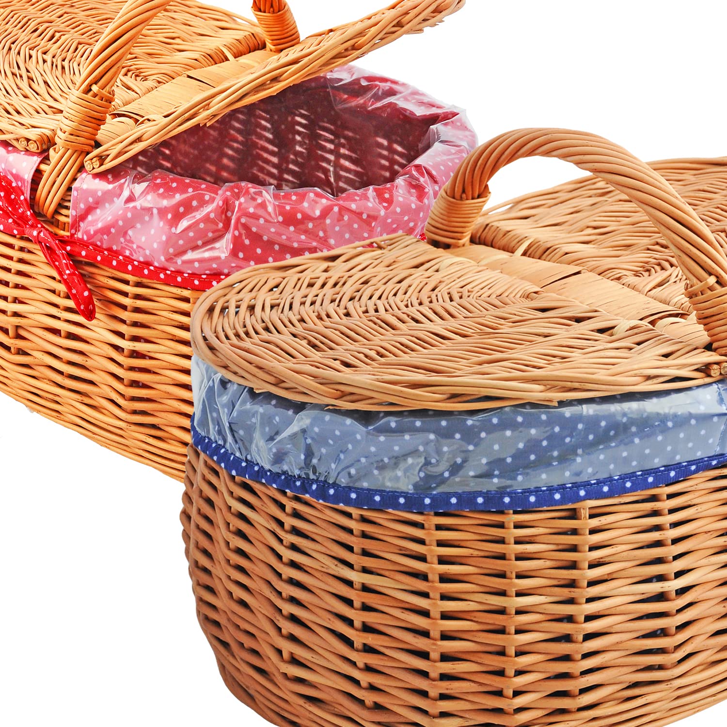 Picknickkorb aus Weide mit Deckel und Stoffeinlage in Blau Schutzfolie Einkaufskorb geflochten oval