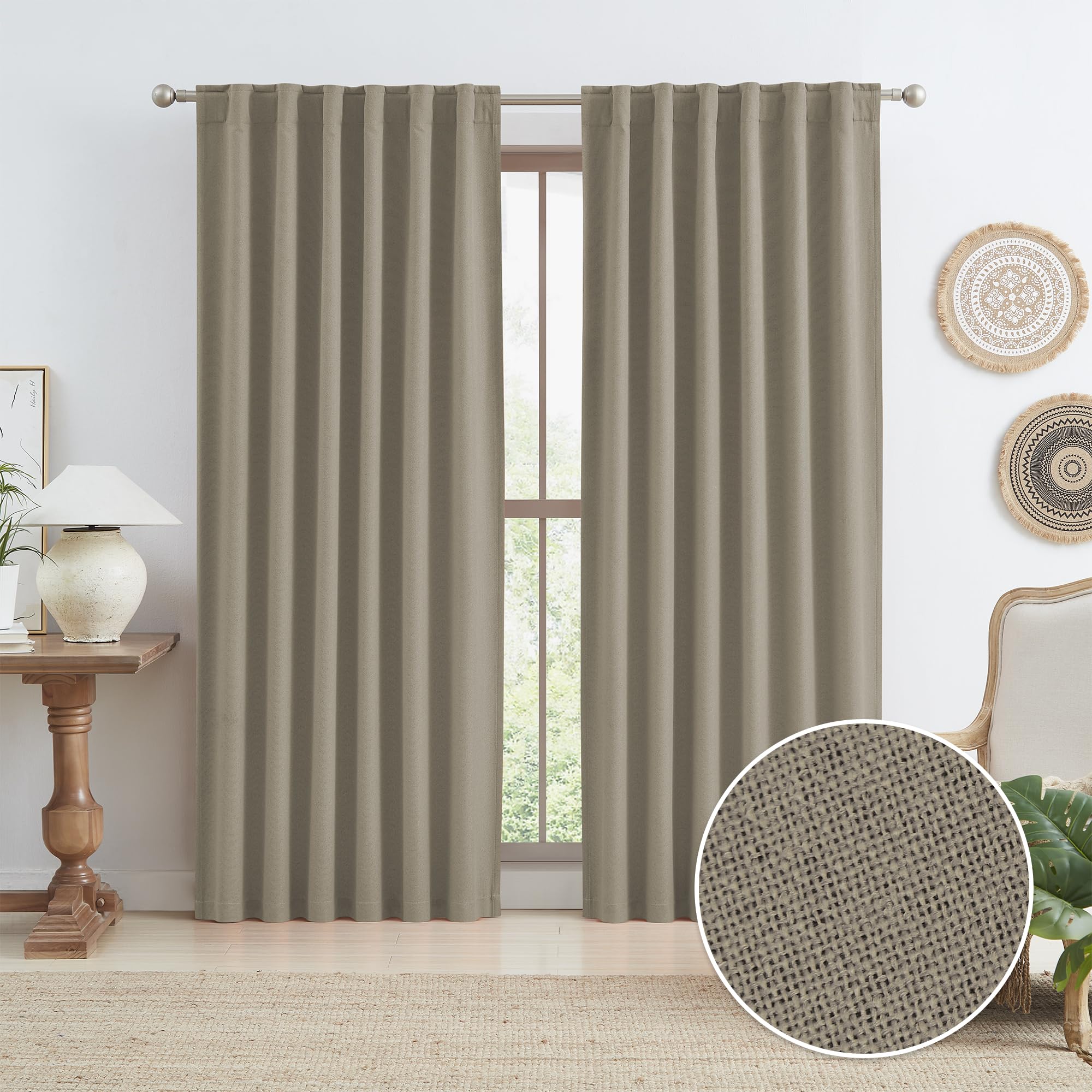 KEQIAOSUOCAI Taupe Linen Blackout Curtains 96 Inches Long 2 Panels Back Tab Pocket Hook Belt Burlap Canvas Look Country Farmhouse Drapes for Living Room Sack Crude Sand Beach Decor 50 Wide