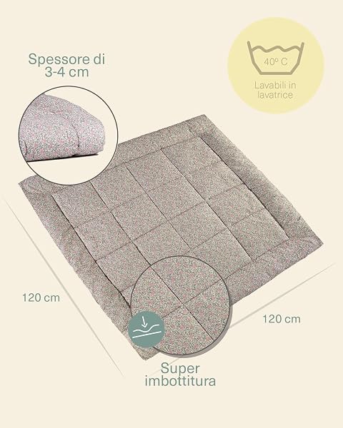 molis&co - Tappeto Gioco Bambini e Neonati 120x120x5cm - Tappeto Morbido Bambini - Tappeto Gioco Neonato Pieghevole, Reversibile e Lavabile - 100% Cotone (OEKO-TEX 100) - Peony - 2