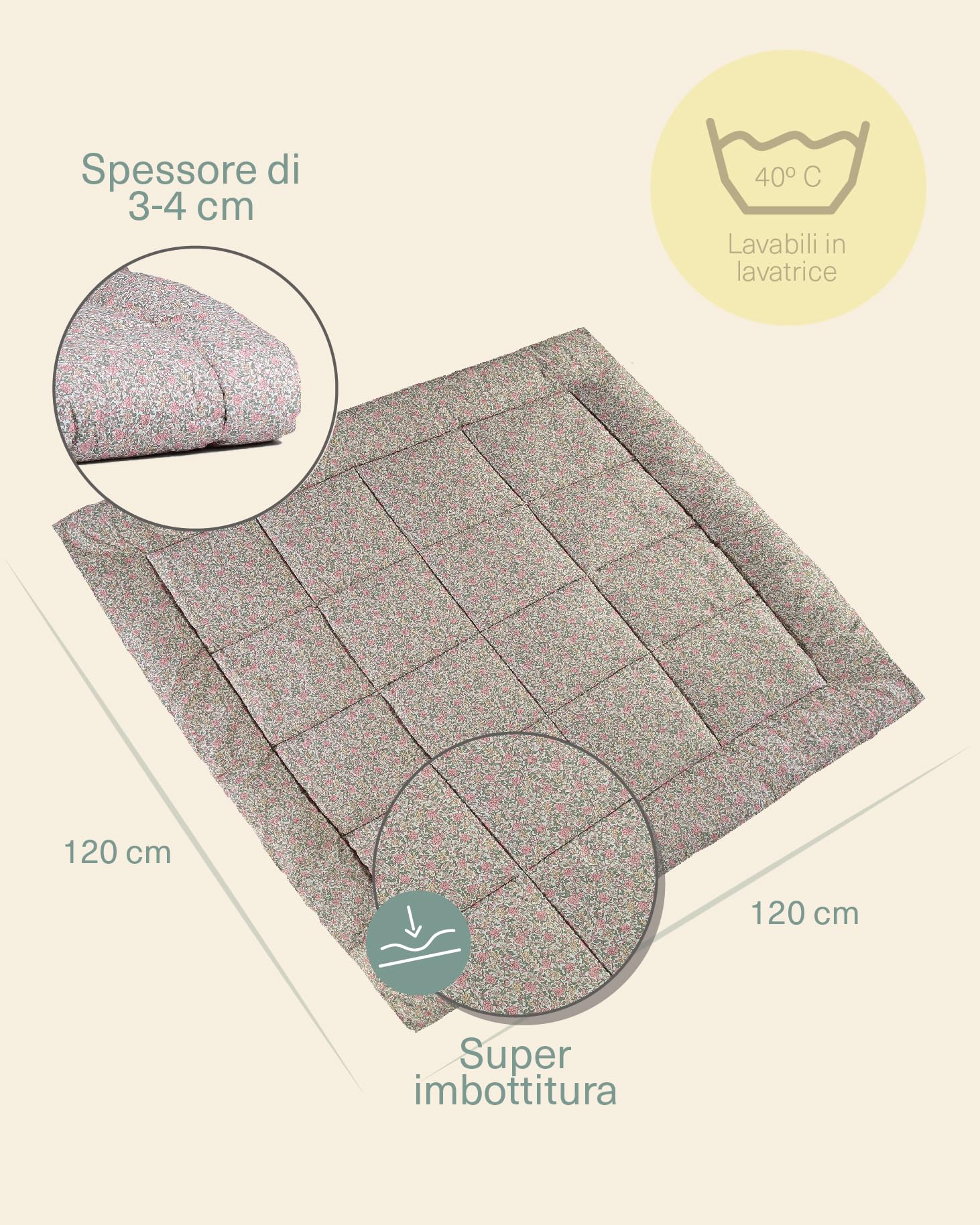 molis&co - Tappeto Gioco Bambini e Neonati 120x120x5cm - Tappeto Morbido Bambini - Tappeto Gioco Neonato Pieghevole, Reversibile e Lavabile - 100% Cotone (OEKO-TEX 100) - Peony - 2