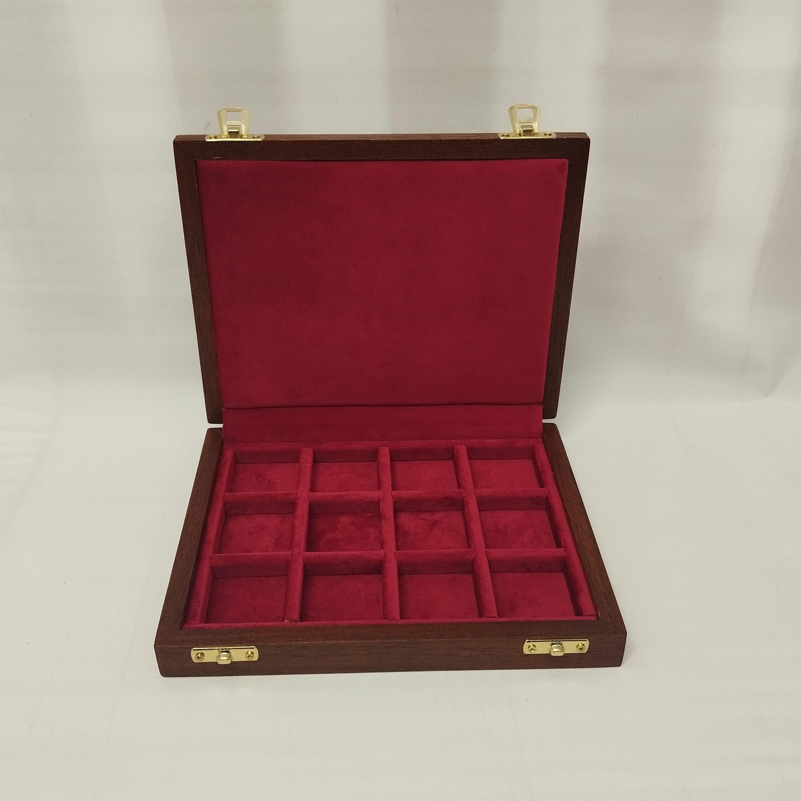 Coins&More Cofanetto per monete e medaglie da collezione 12 caselle 40x40 mm in legno e velluto artigianale Made in Italy