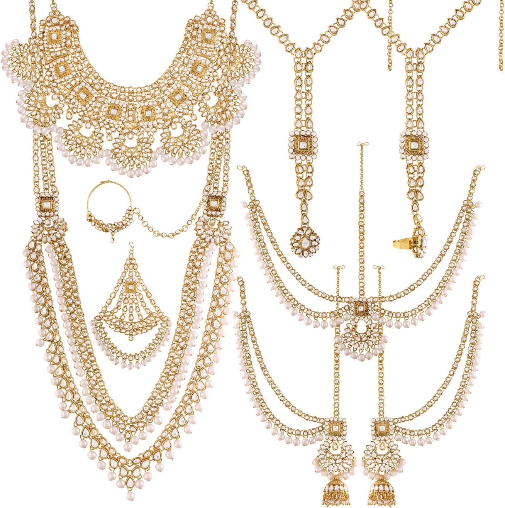 I Jewels 18Kゴールドメッキ ウェディングウェア インド ボリウッド フェイククンダン&ストーン スタッズド ダルハン ブライダルジュエリーセット 女性用 (BLP026W)