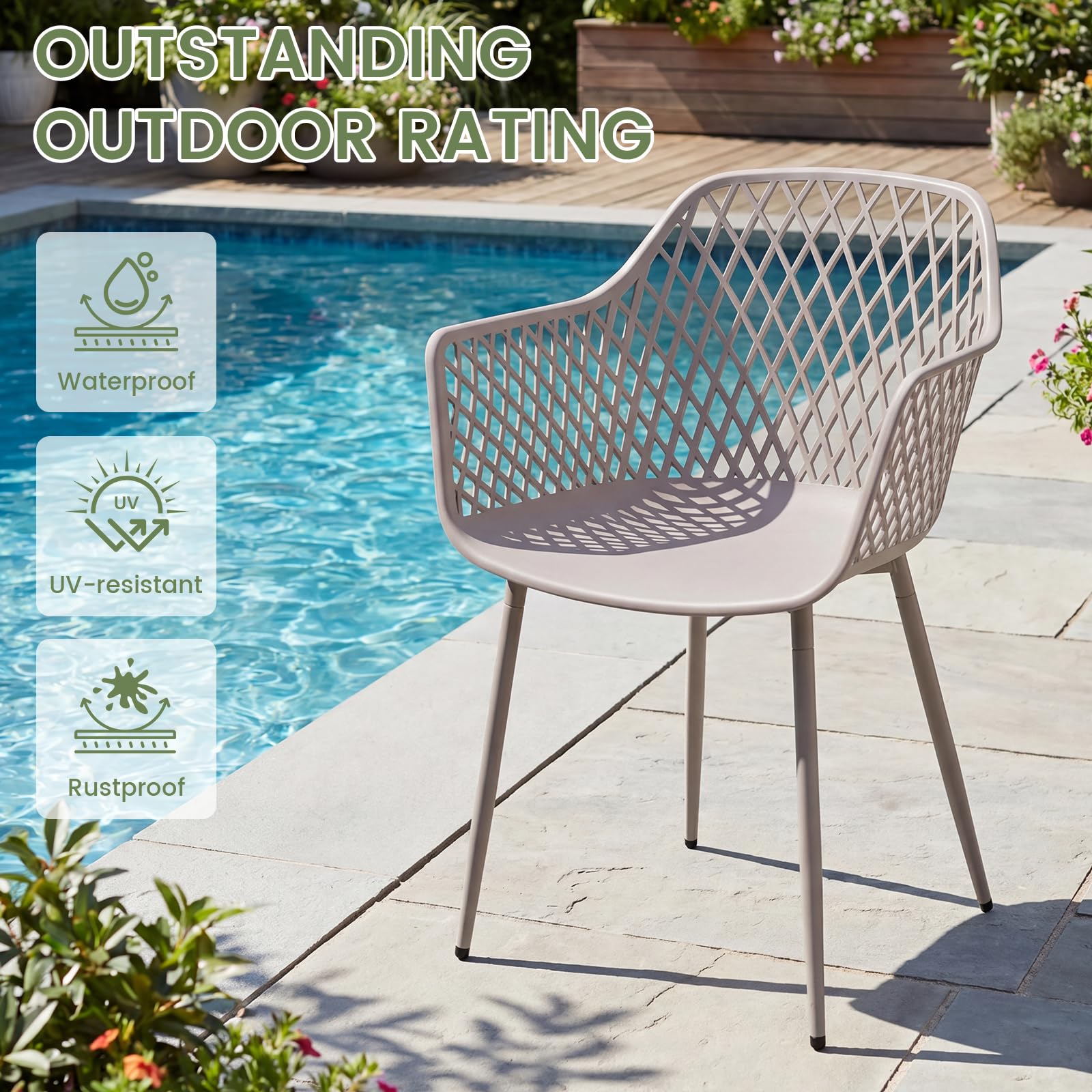 buybyroom Sillas Terraza Exterior, Pack de 4 Sillas Jardin Exterior con Reposabrazos, Patas de Metal y Respaldo de Plástico Ergonómico, para Jardín, Terraza, Balcón, Salón,Comedor,Caqui Claro