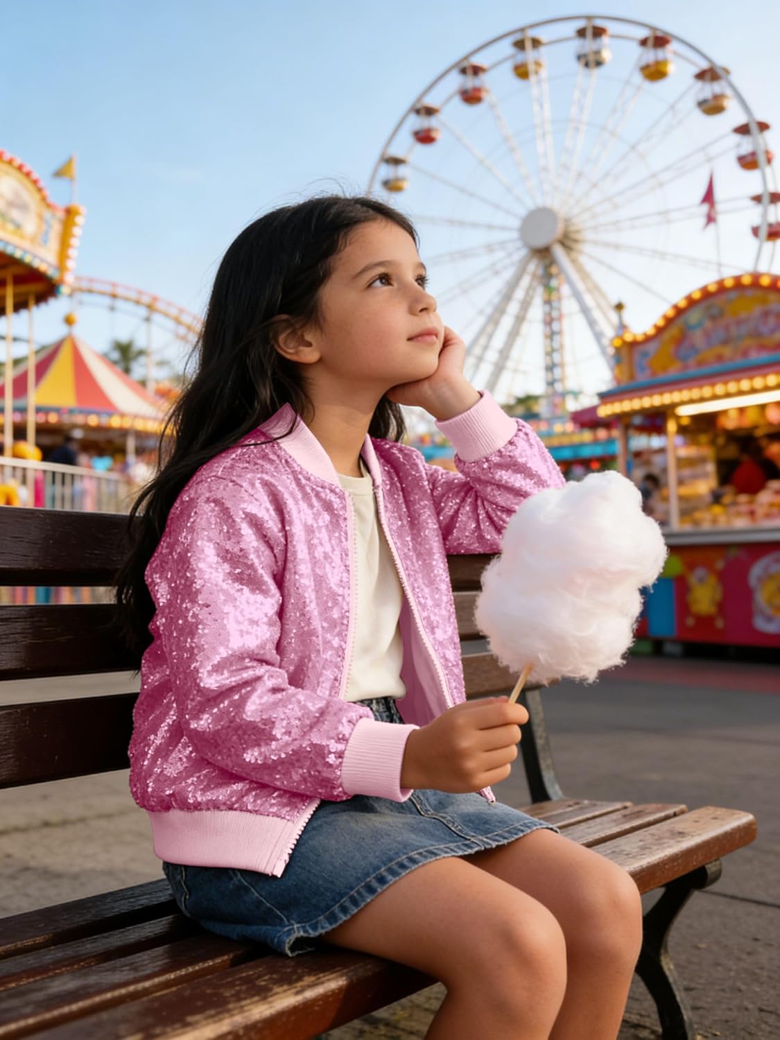 Cromoncent Girl's Sequin Baseball Jacket Casual Long Sleeve Front Zip Bomber Jackets, 2-8 Years