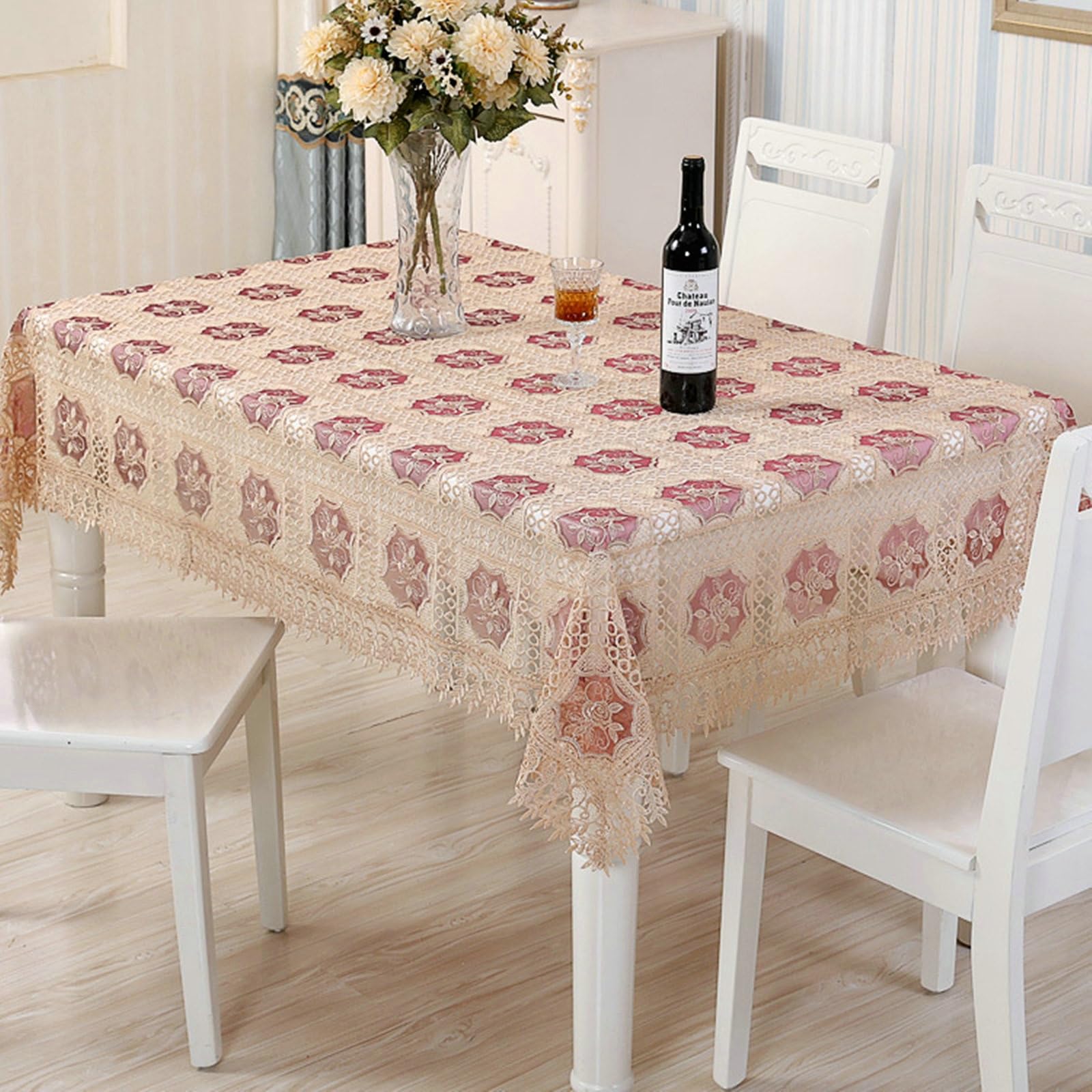 Nappe Rectangulaire 150x250 cm, Dentelle Ajourée Brodée de Fleurs