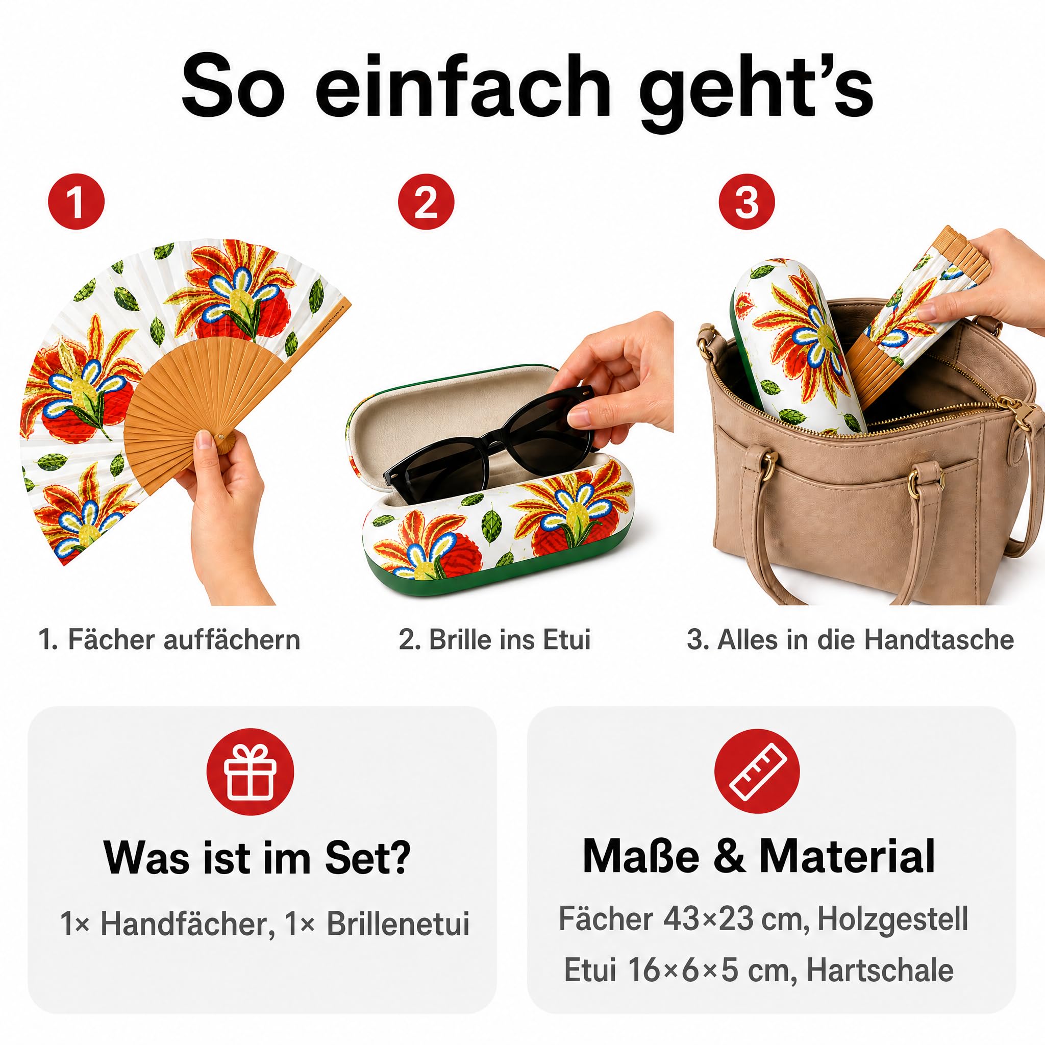 Handfächer & Brillenetui Set Anna, Blumen Muster, Geschenkset Frauen | Faltbarer Handfächer mit Holzgestell und passendes Hartschalen-Brillenetui im Blumen Design – als Muttertagsgeschenk