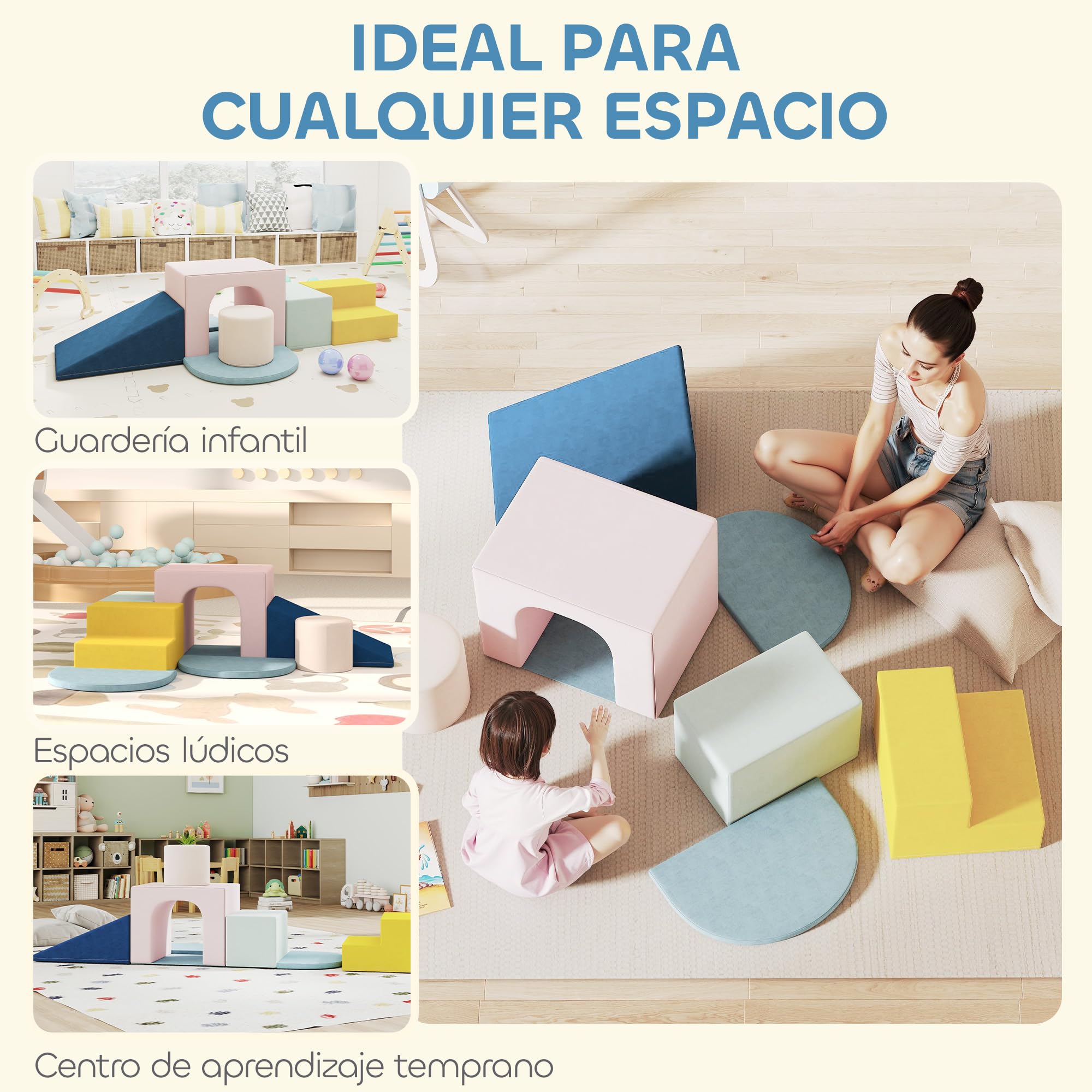 AIYAPLAY Juego de 8 Bloques de Espuma para Niños Escalar Gatear Multicolor | Bloques de Psicomotricidad, Fundas de Terciopelo Desmontables, Set de Escalada Interior