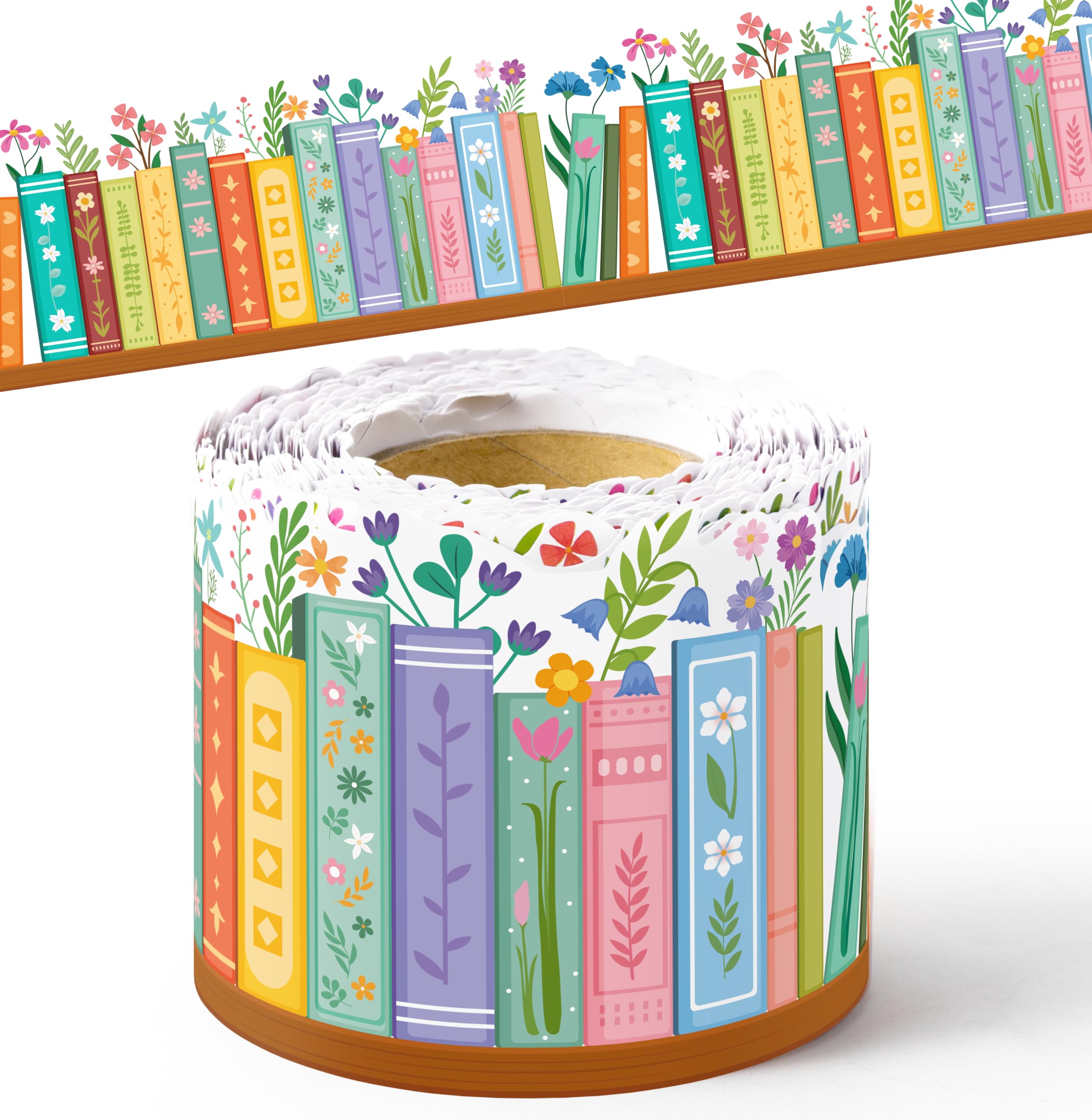 BeYumi Spring Bookshelf Border Trim - 65ft Wildflower Books Rolled Border Trim Floral Bookshelf Bulletin Board Set Library School Classroom Office Chalkboard Kindergarten Home Wall Party Decoration