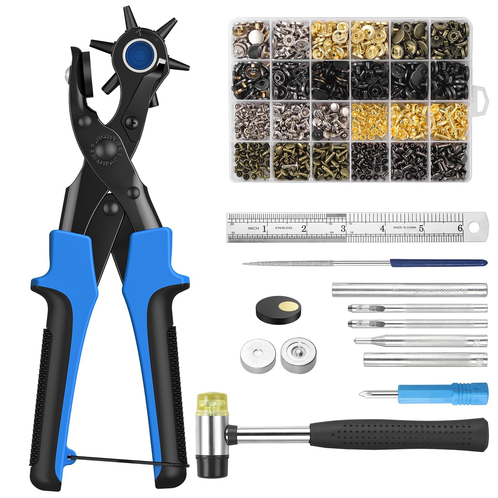 CAMWAY Leather Hole Punch,6Size Revolving Punch Plier Kit Leather Punches Belt Hole Puncher (Leather Puncher+240pcs Leather Rivets+120pcs Snap Fasteners)