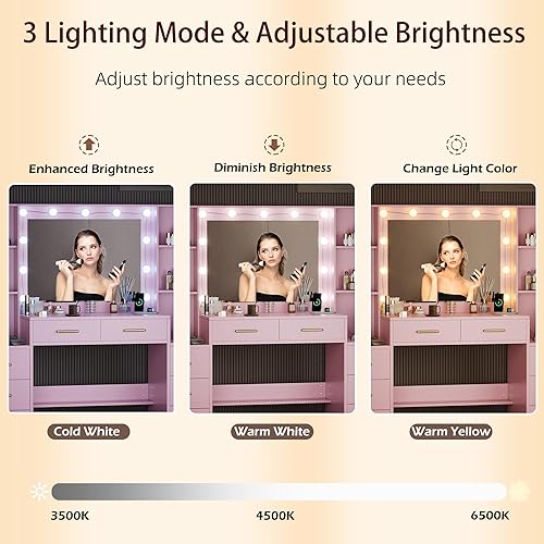 Miniatura 4 de Escritorio de maquillaje de 58.3 pulgadas con estación de carga, tocador de maquillaje rosa con espejo y luces, 3 modos de iluminación de brillo