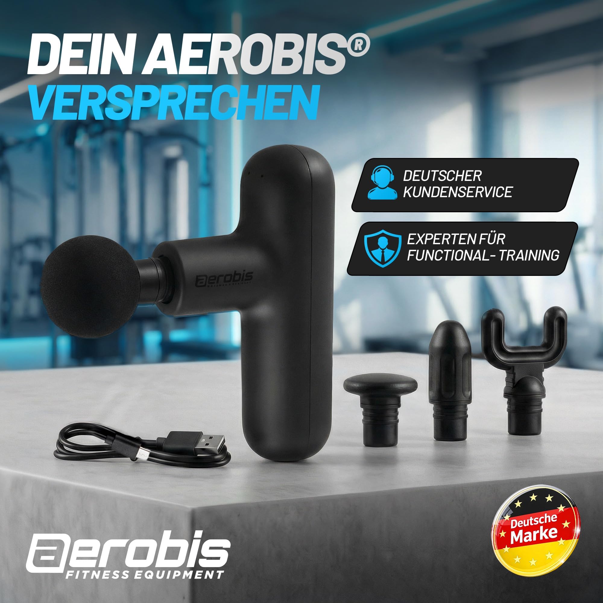 aerobis® Massagepistole Mini - Extra leichtes Triggerpunkt Massagegerät für Muskulatur und Faszien - Massage Gun inklusive 4 Aufsätze & Stufen zur Entspannung, Handmassagegerät