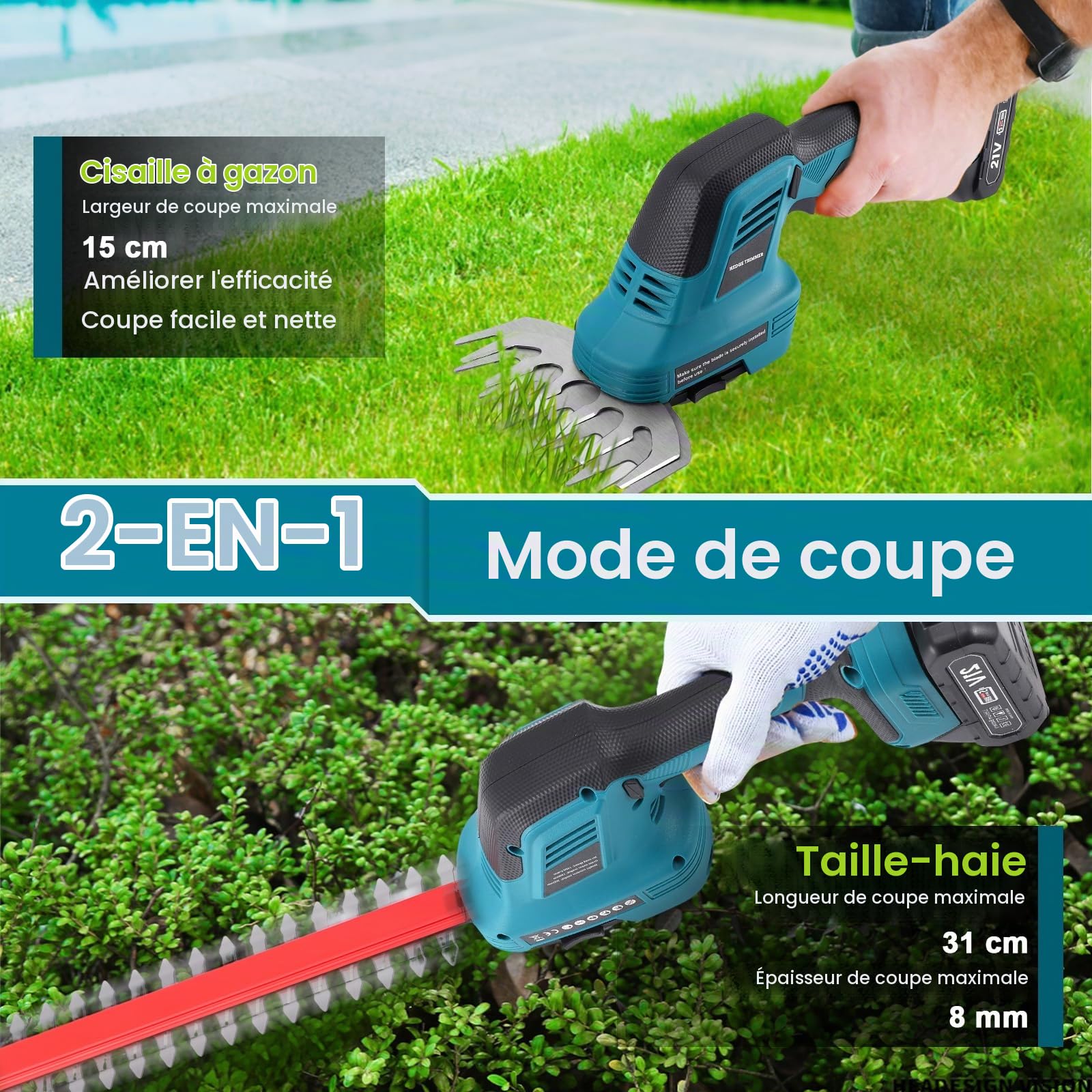 2 en 1 Taille-Haies sans Fil 21V, Cisaille à Gazon Electrique avec Batterie 2 x 1500mAh et 2 Lames, Lame Longue 31 cm/Lame Courte 15 cm, pour Jardin, Pelouse, Arbustes,Gazon