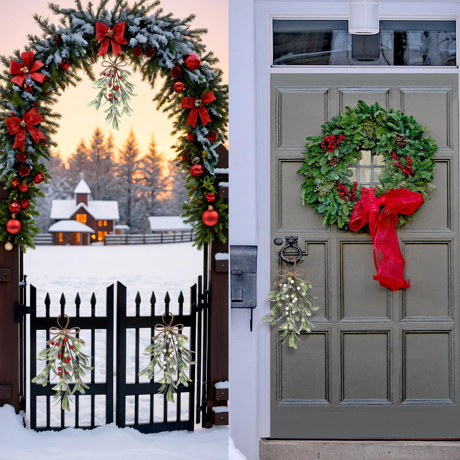 Dilunave Künstlicher Mistelzweig Pick, Büffel, karierte Schleife, weiße Beeren, Mistelzweig, küssende Kugel, Ornament, hängende Weihnachtsbaumschmuck für Weihnachtsfeiern, Dekorationen, Rot, Weiß, 2