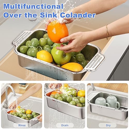 Miniatura 3 de Colador extensible sobre el fregadero de 13.5 a 17 pulgadas, cesta de acero inoxidable 304 para cocina, resistente al óxido, apto para lavavajillas
