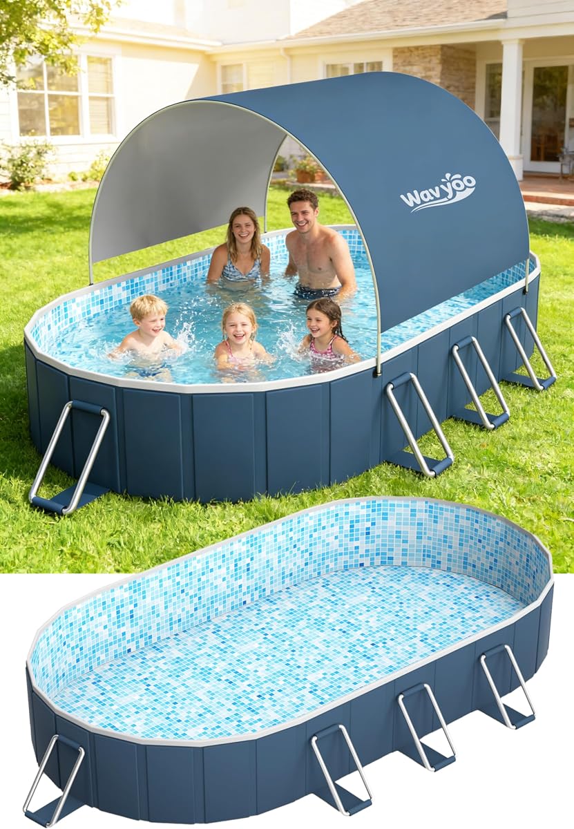 Foldable Pool with Canopy,10FT NonInflatable Above Ground Swimming Pools | Inner Diameter 102"x72"x20", Durable PVC, Oversize Thickened, Easy Setup