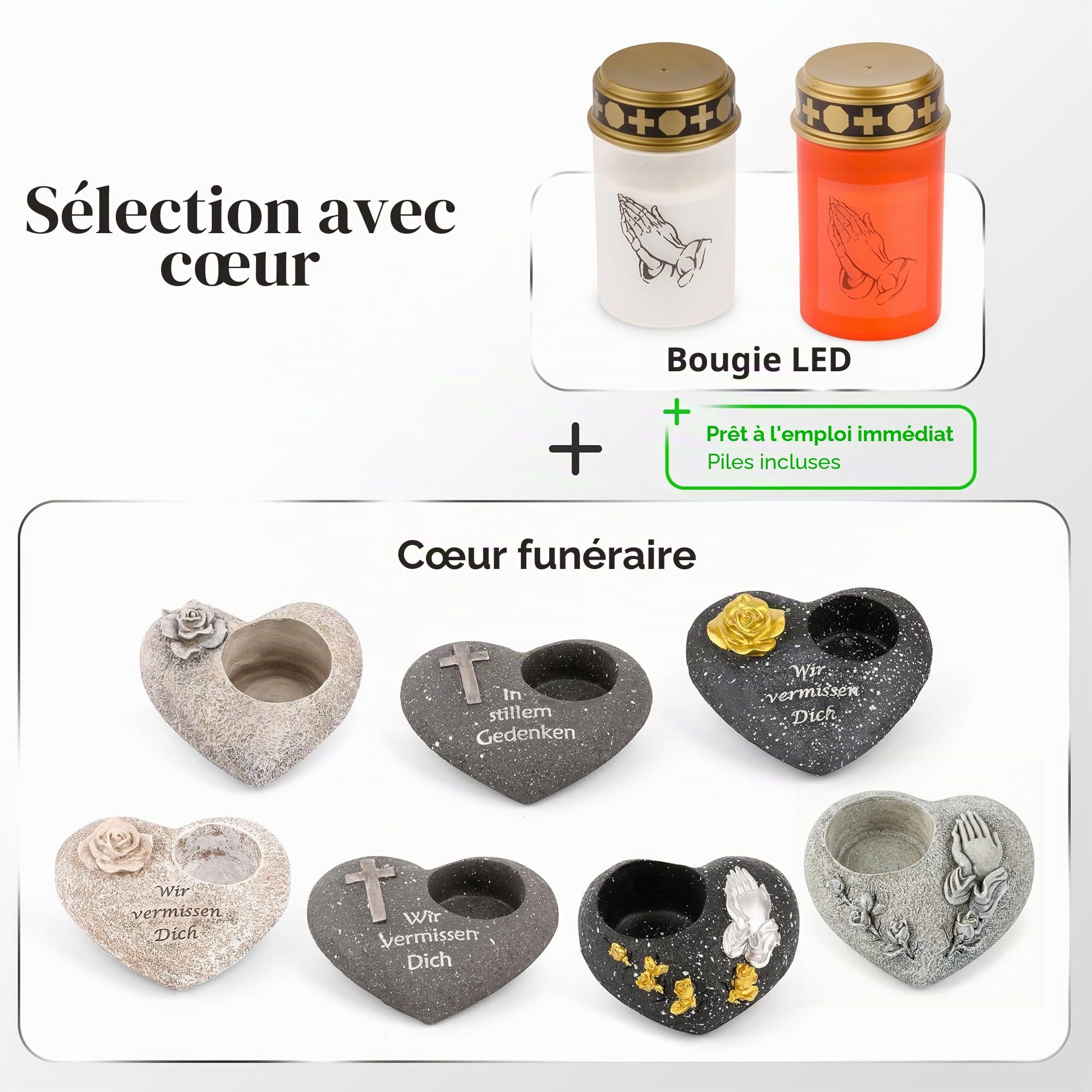 Novaliv Décoration funéraire, en forme de cœur rose, grise, pierre commémorative, avec photophore