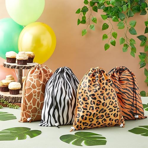 Miniatura 2 de Paquete de 12 bolsas de regalo con cordón con estampado de animales para fiesta de cumpleaños, safari, golosinas (4 diseños, 10 x 12 pulgadas)
