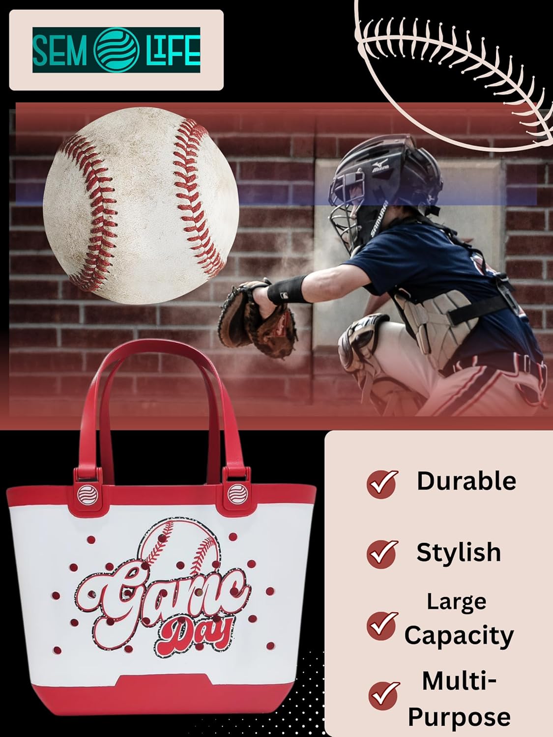 Rubber Beach Tote Bag, Baseball, Waterproof, Large Capacity, Interior Zippered Pocket, Great for Games, Beach, Pool, Travel, Lake, Tournaments, Baseball Fans, Moms, Gifts - Image 5