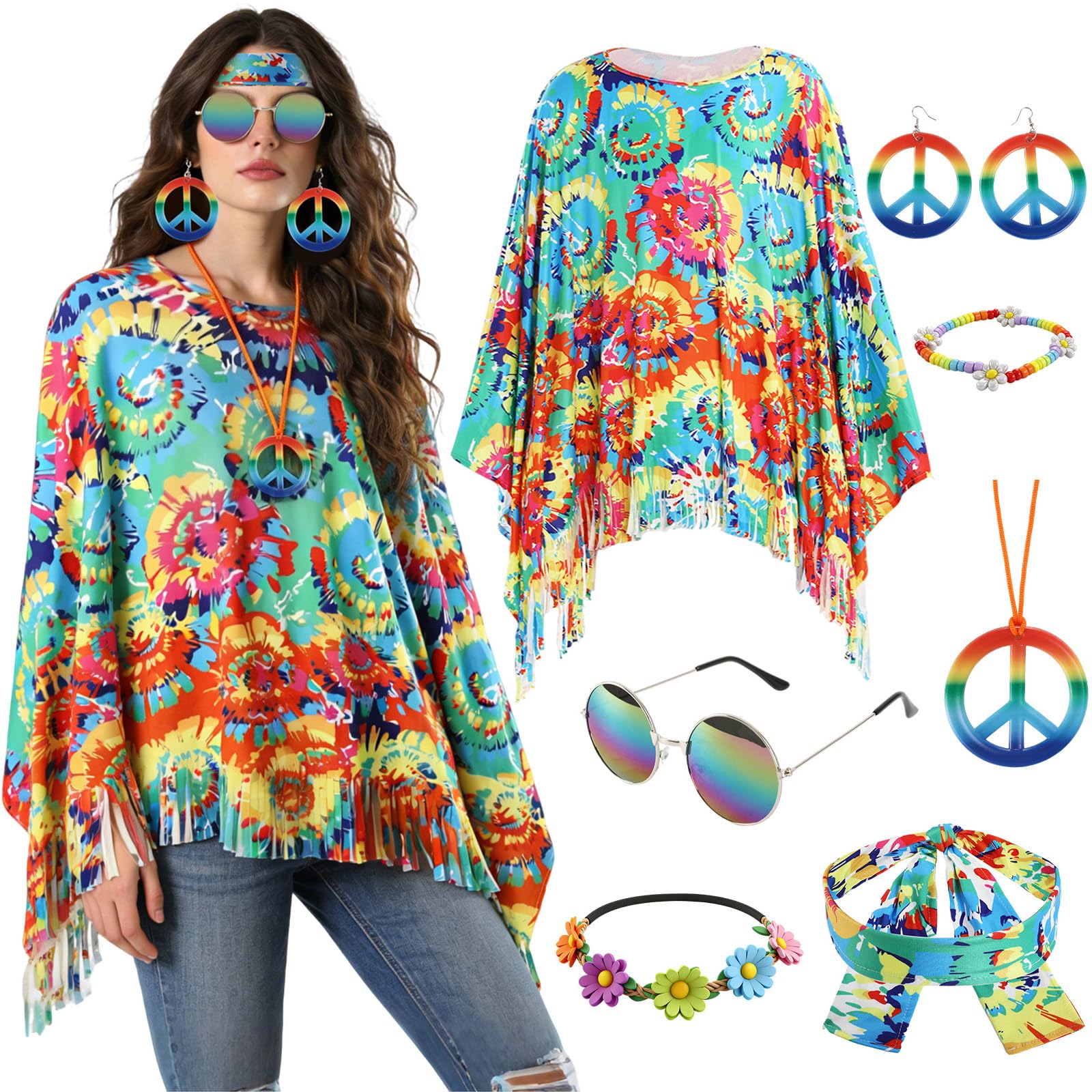 SINSEN Hippie Costume Women's Set 60s 70s Outfit with Hippie Poncho Peace Sign Necklace Batik Headband Earrings Sunglasses and Bracelets Disco Outfit Accessories for Carnival Theme Party