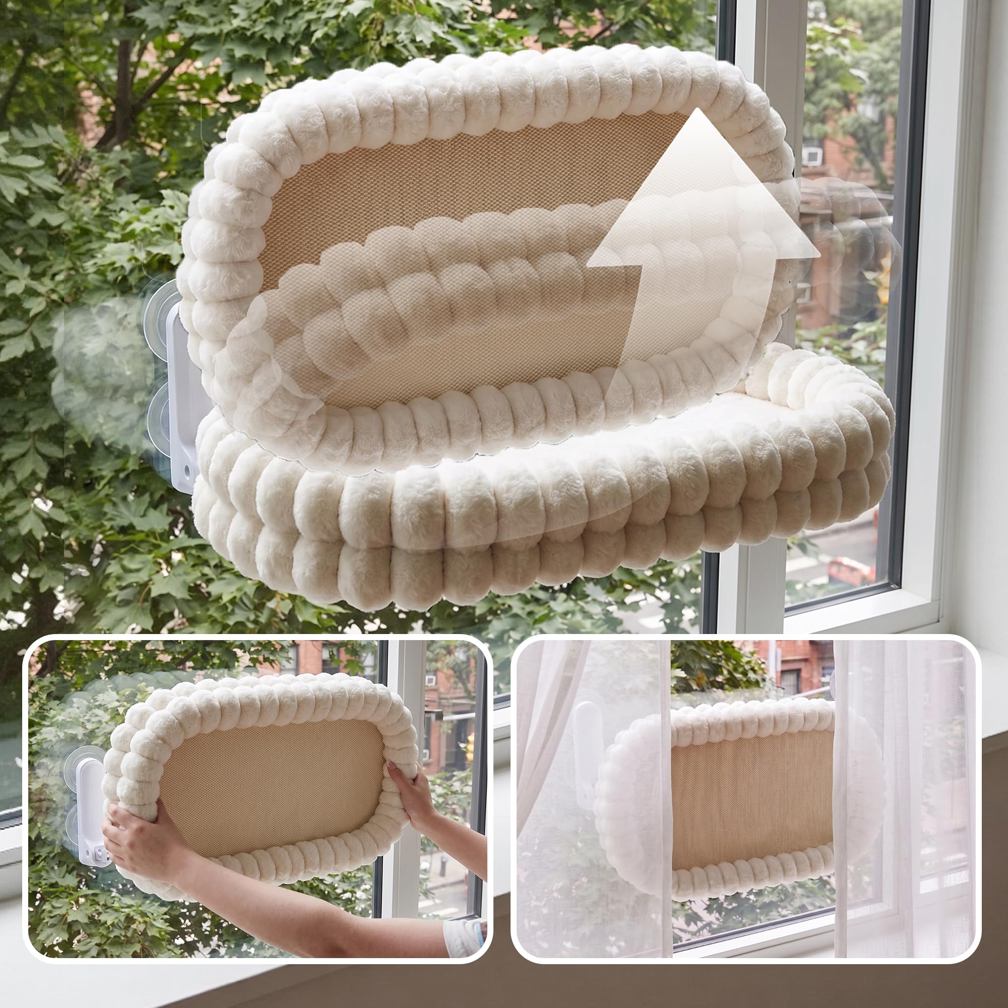 Hamac pliable pour chat avec poche d'aspiration puissante, cadre en acier robuste, peut supporter jusqu'à 18 kg, coussin doux double face amovible et lavable, convient pour toutes les saisons