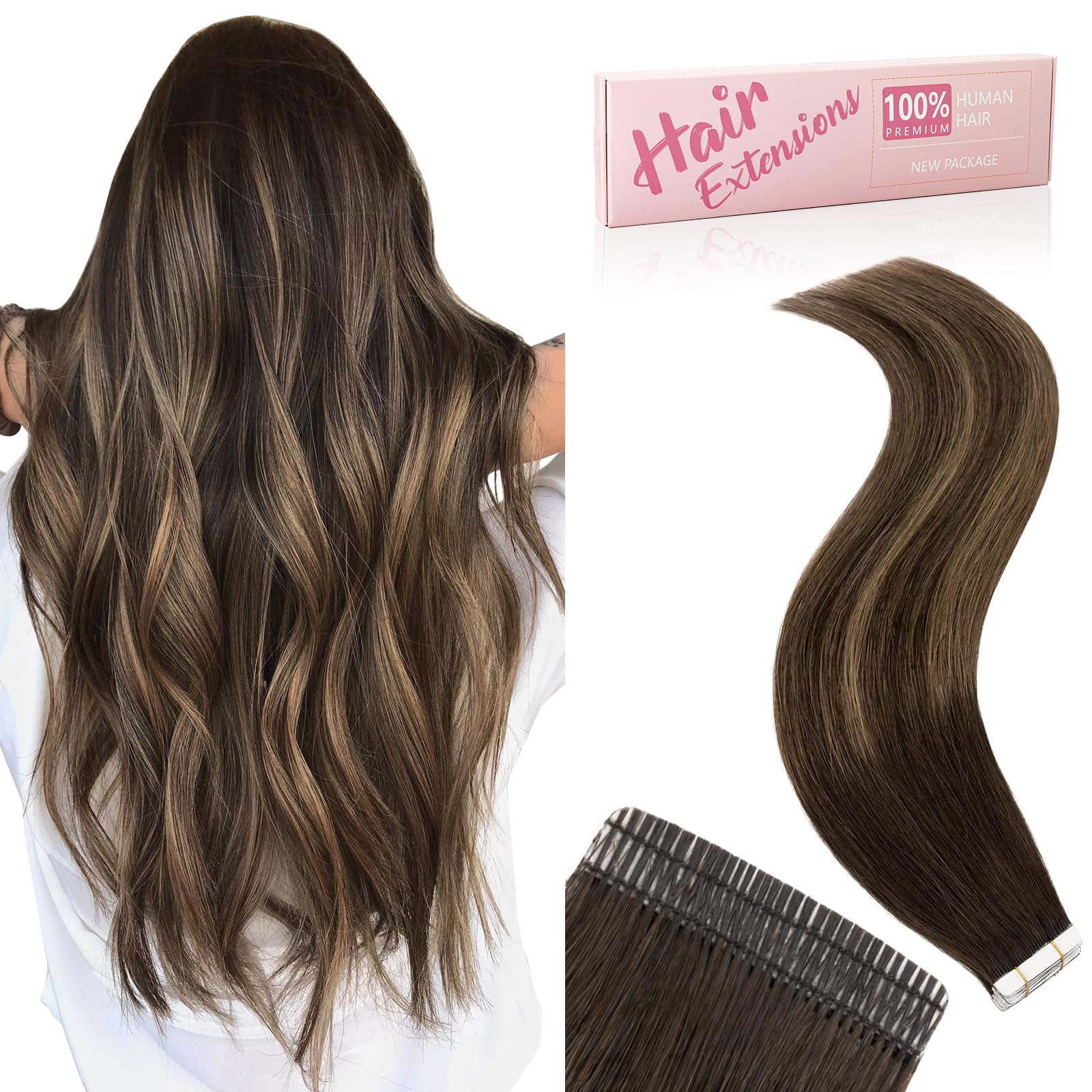 Tape in Hair Extensions Human Hair Balayage Dark Brown to Chestnut Brown 20pcs 50g - Double Stitched Real Human Hair Extensions - Invisible Tape in Extensions - 18 Inches 2T2P6#