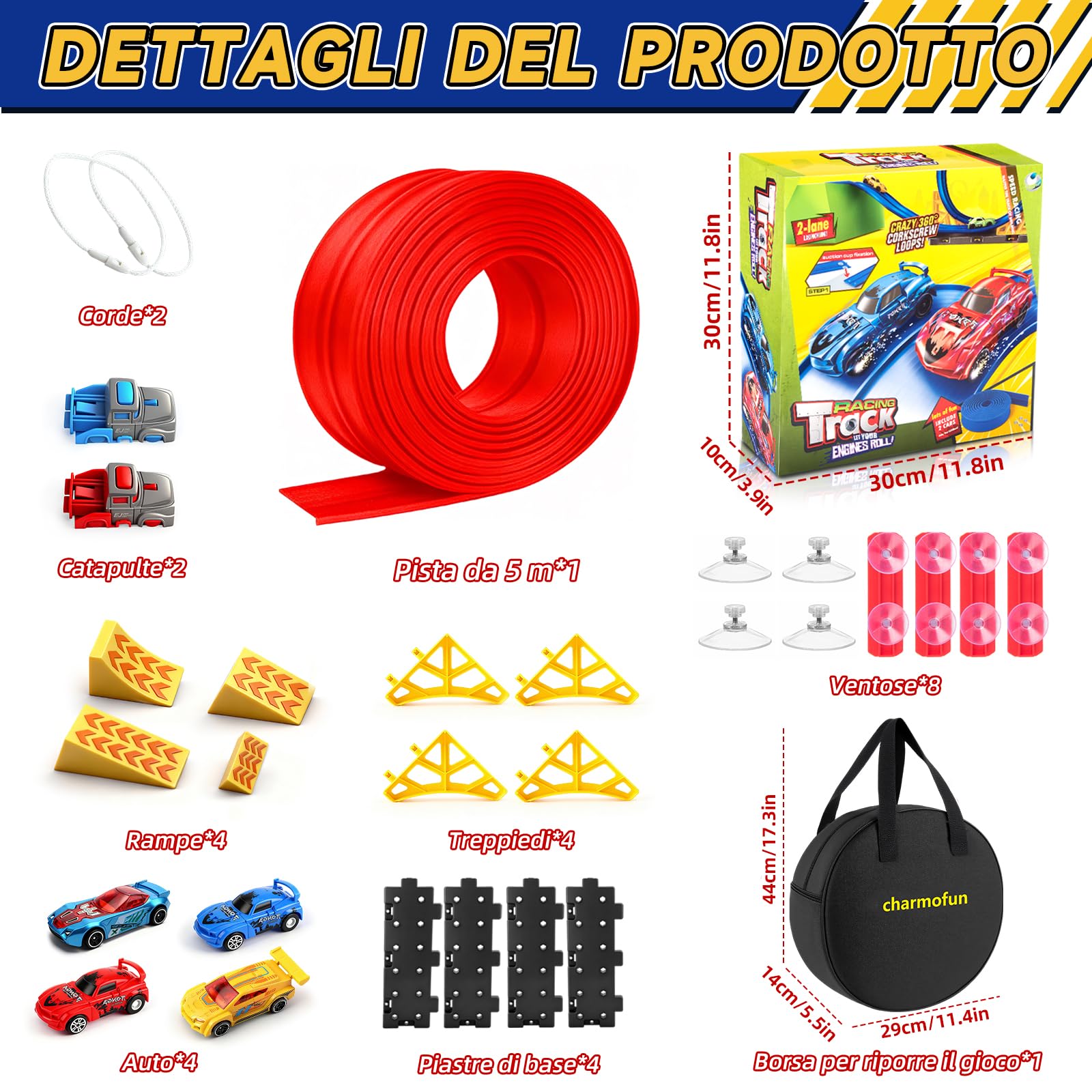 Charmofun Pista Macchinine Flessibile 5M, Giocattolo Piste da Corsa con 4 Auto, Borsa Stoccaggio, Circuito di Corse per Bambini con Rampa e Catapult, Portatile Pista per Bambini 3+ Anni (Rosso)