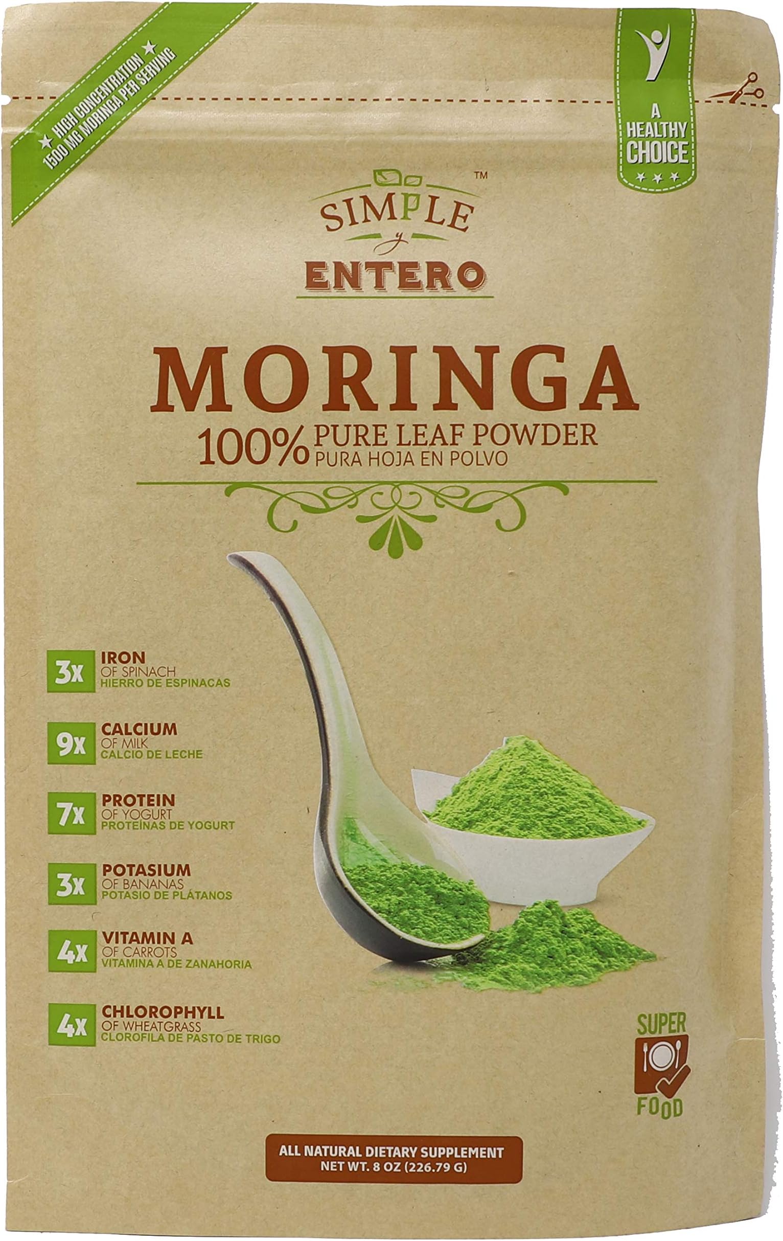 Moringa, 100% Pure Leaf Powder, Vegan, Non-GMO, 8 Oz, Bag