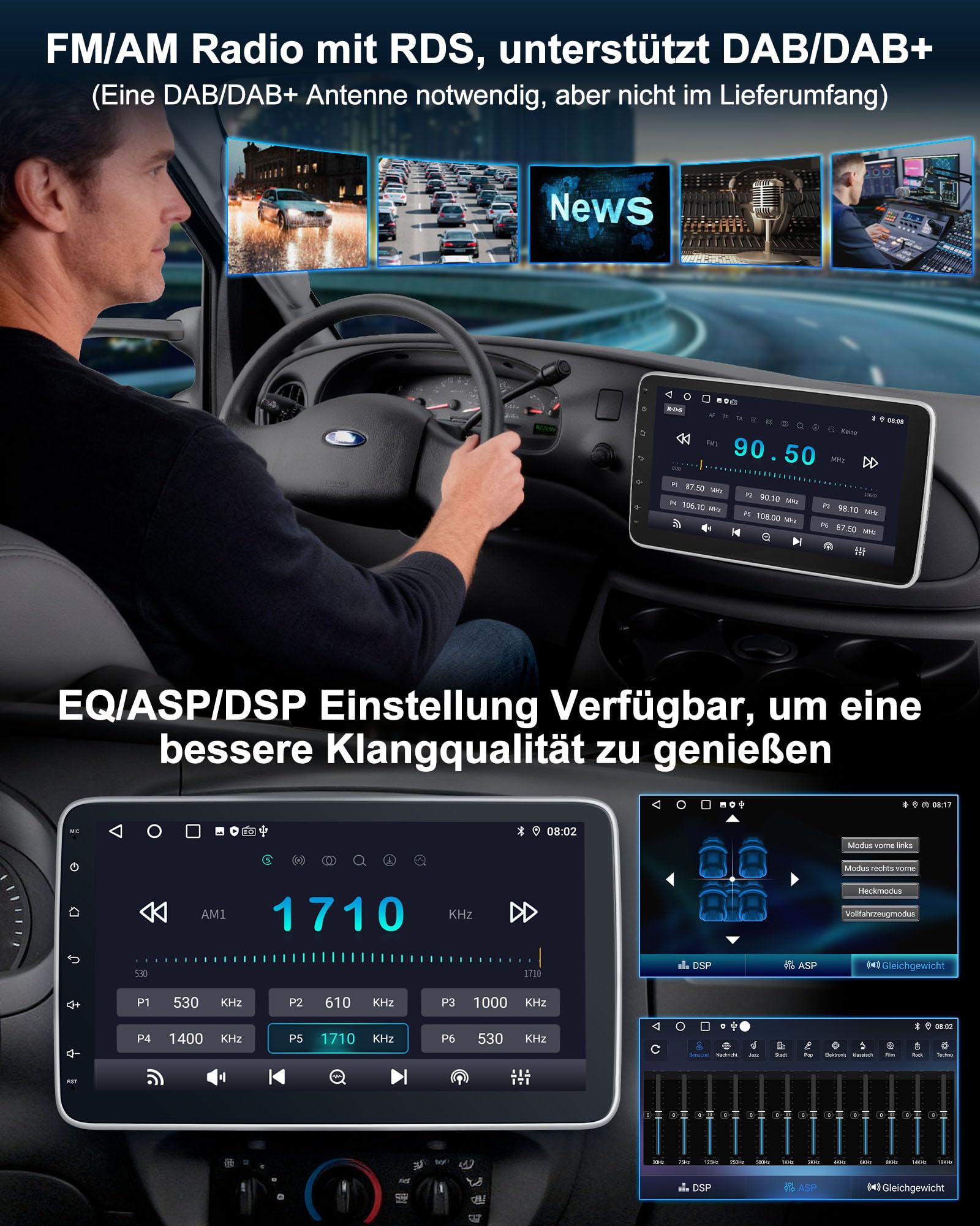 Autoradio mit Bildschirm Single DIN Auto Radio mit Navi Bluetooth Wireless CarPlay Android Auto DAB Plus Rückfahrkamera, 1DIN mit 10.1 Zoll drehbar Touchscreen Monitor, 2+64G Android 14