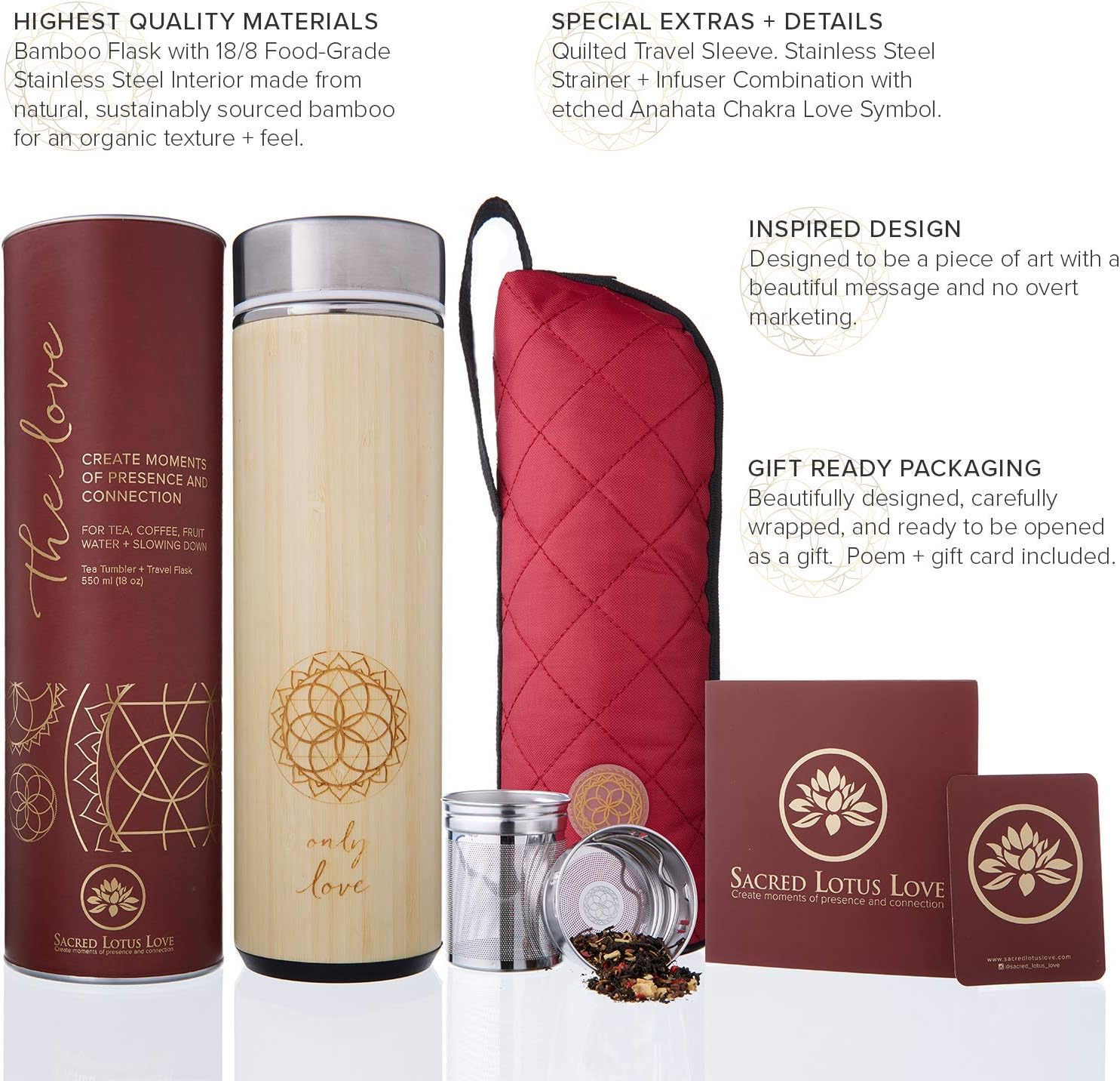 Sacred Lotus Love Insulated Bamboo Tea Travel Tumbler with Infuser, Strainer & Sleeve - For Hot Coffee or Cold, Stainless Steel Coffee Mug, Ideal Tea Gift Set, Keeps Beverages Hotter for Longer - Image 8