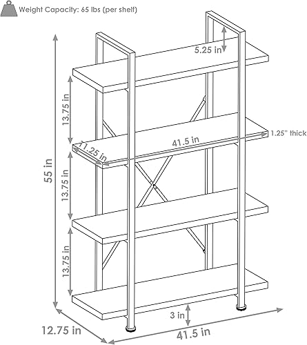 Miniatura 3 de Sunnydaze Estantería de 4 niveles, estilo industrial con estantes abiertos independientes con acabado de chapa, capacidad para libros, medios, cubos