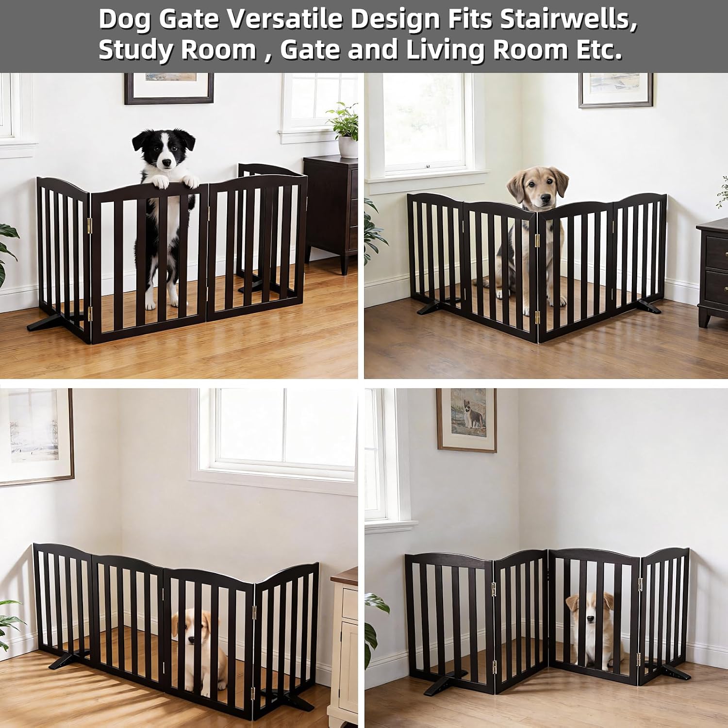 ZJSF Foldable Freestanding Indoor Dog Gate for House Wood Long Pet Gates Dog Fence for Stairs Puppy Gates for Hallways, Puppy Gate,Support Feet Included, Black, 24 "Height-4 Panels