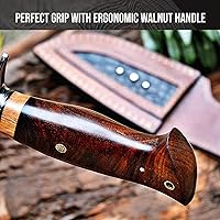 Vista 4 de BIGCAT ROAR Cuchillo de caza de Damasco hecho a mano, cuchillo de caza de hoja fija Bushcraft con funda y mango de madera de nogal, cuchillo